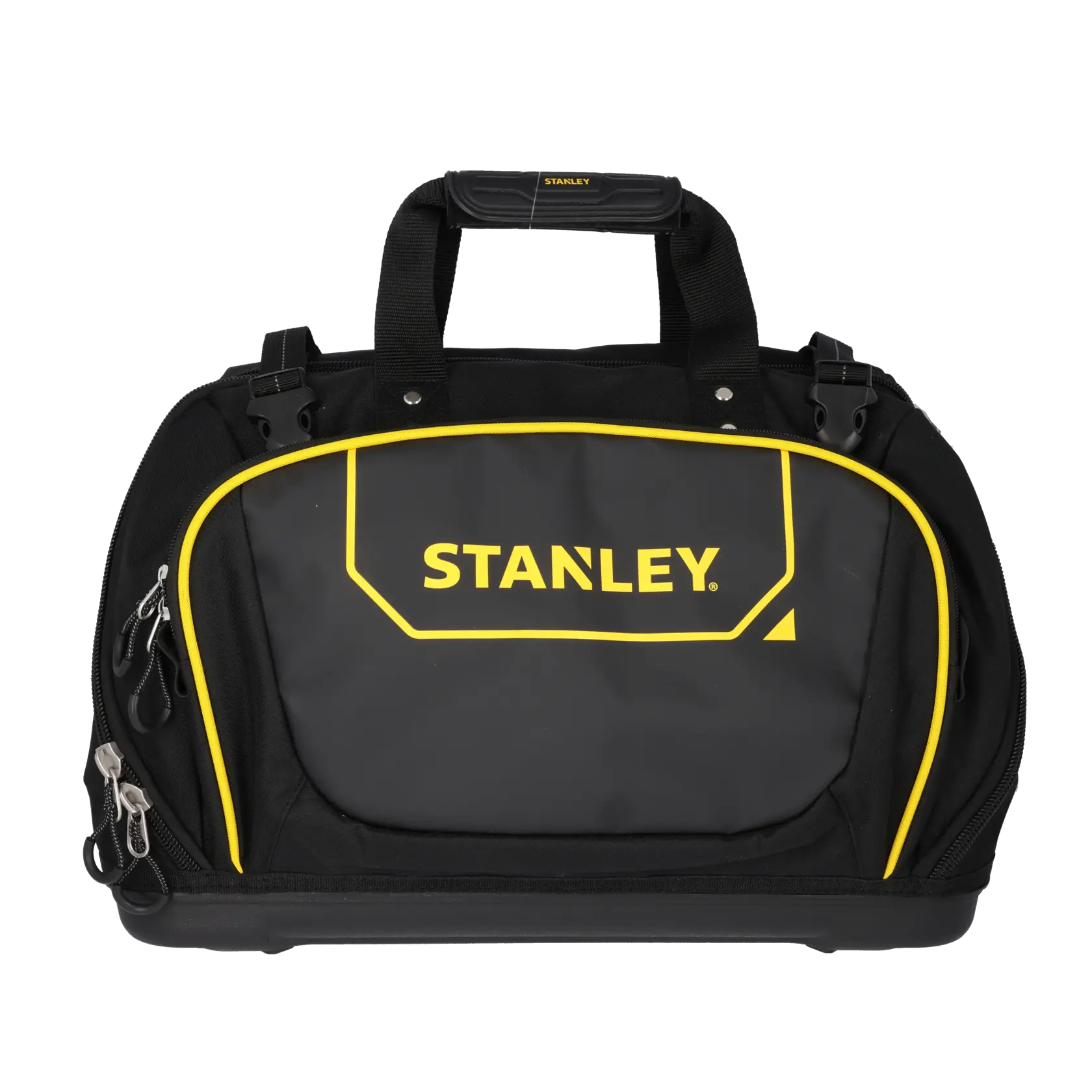 STANLEY FMST1-80147 tool bag, black with yellow accents, side angle, hard front panel, fabric handles.