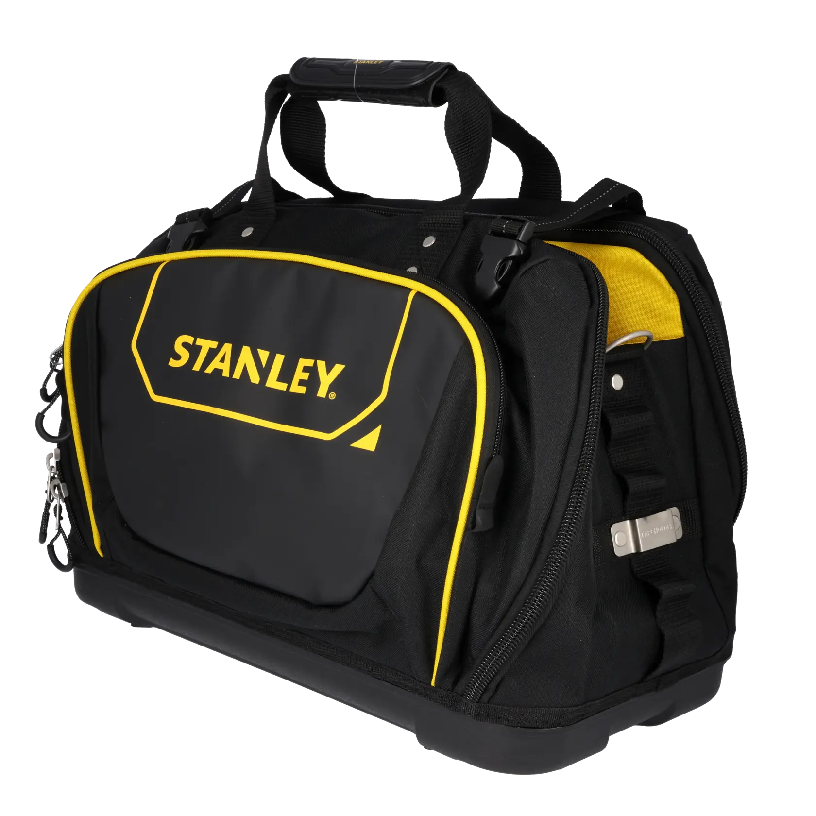 STANLEY FMST1-80147 open tool bag with multiple tools, black fabric, photographed from front angle