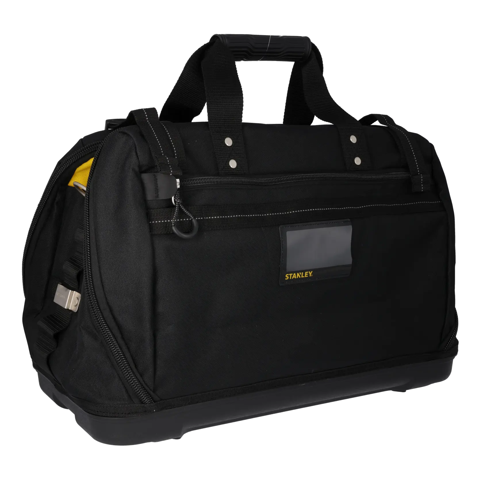 STANLEY FMST1-80147 black tool bag with reinforced handles, zippered front pocket, angled on white background.