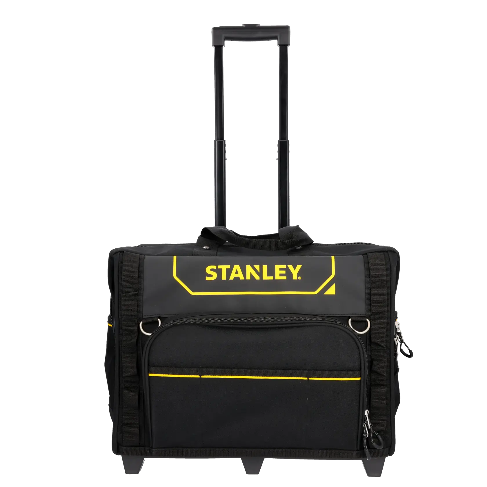 STANLEY FMST1-80148 tool bag, front angle, black and yellow with multiple pockets and sturdy handles.