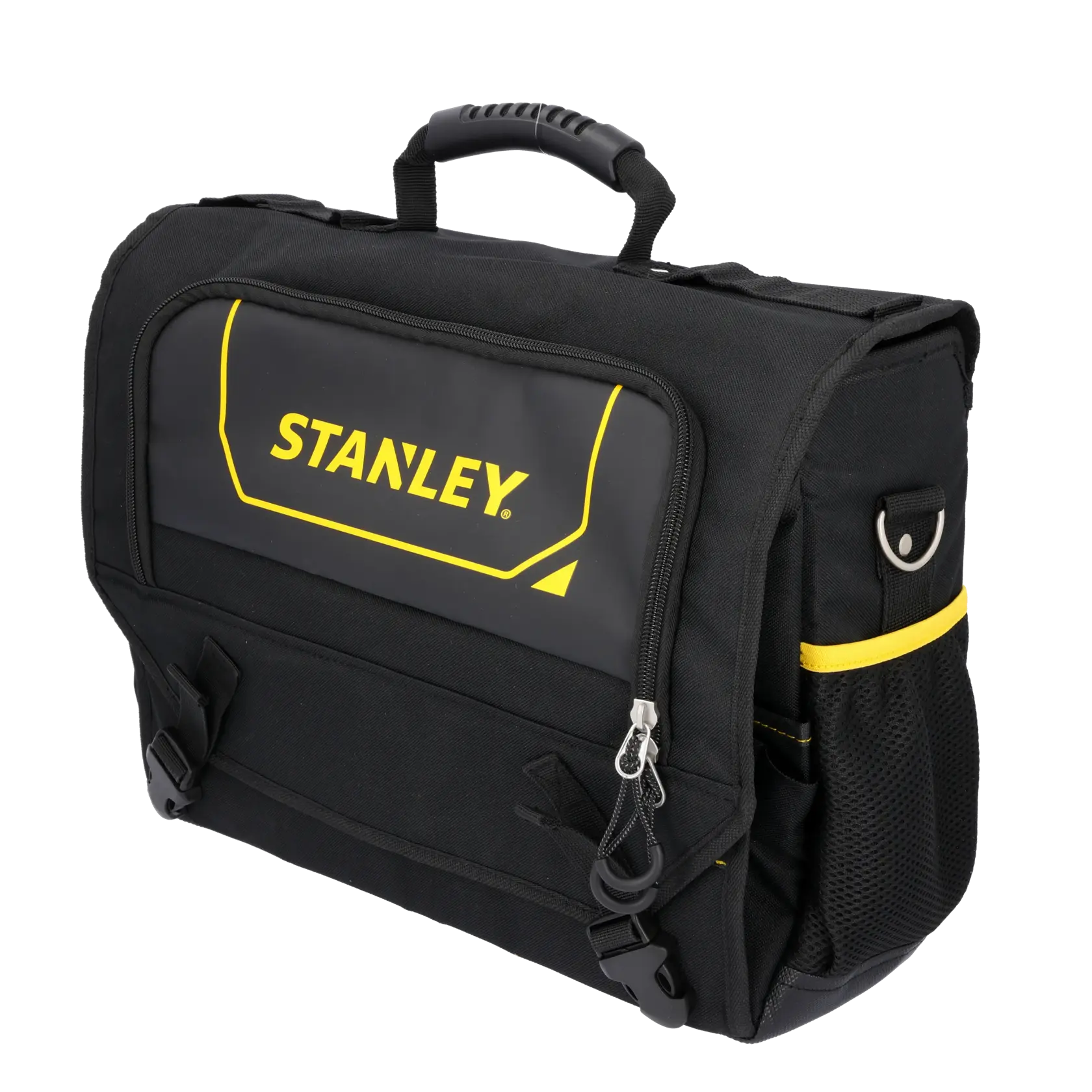 Stanley Fatmax black and yellow tool bag with handle, front pocket, and side mesh pocket.