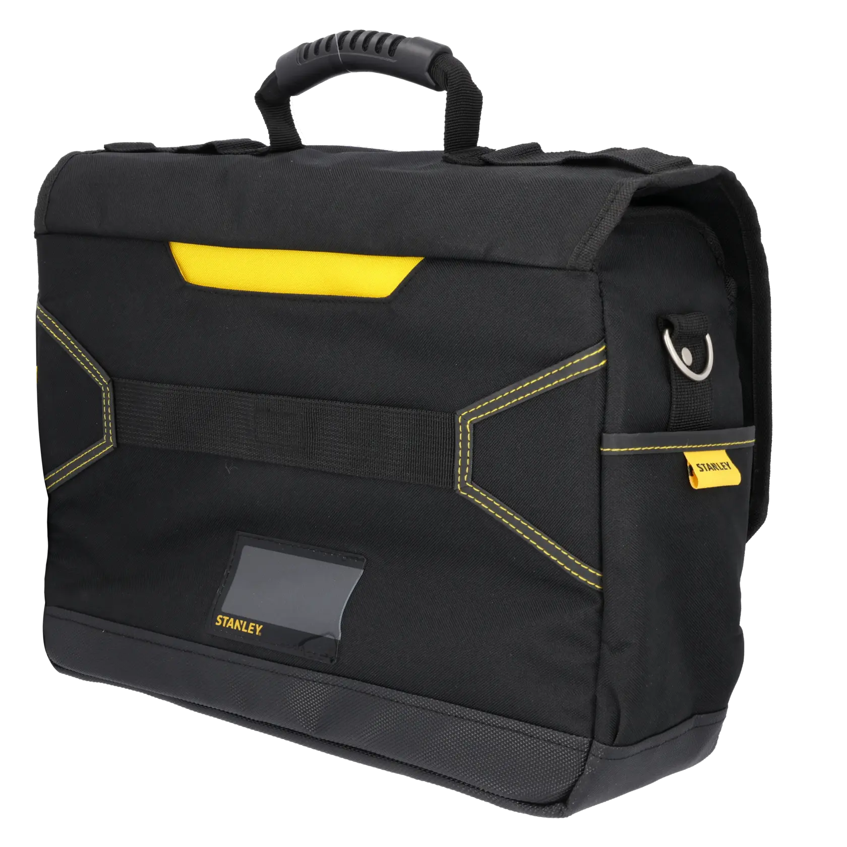 Front angle photo of STANLEY FMST1-80149 tool bag, black and yellow with top handle, FATMAX branding.