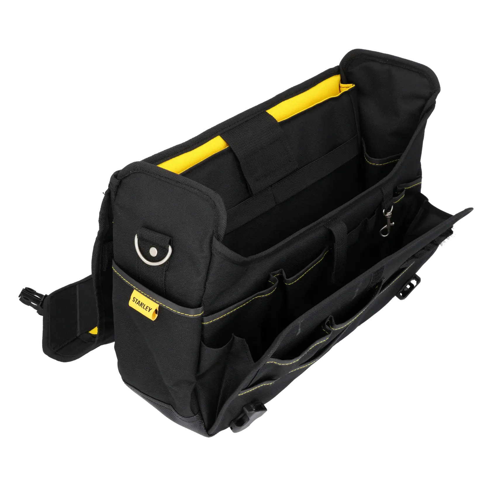 Photo of STANLEY FMST1-80149 tool bag, black and yellow, side angle, with handle and front flap.