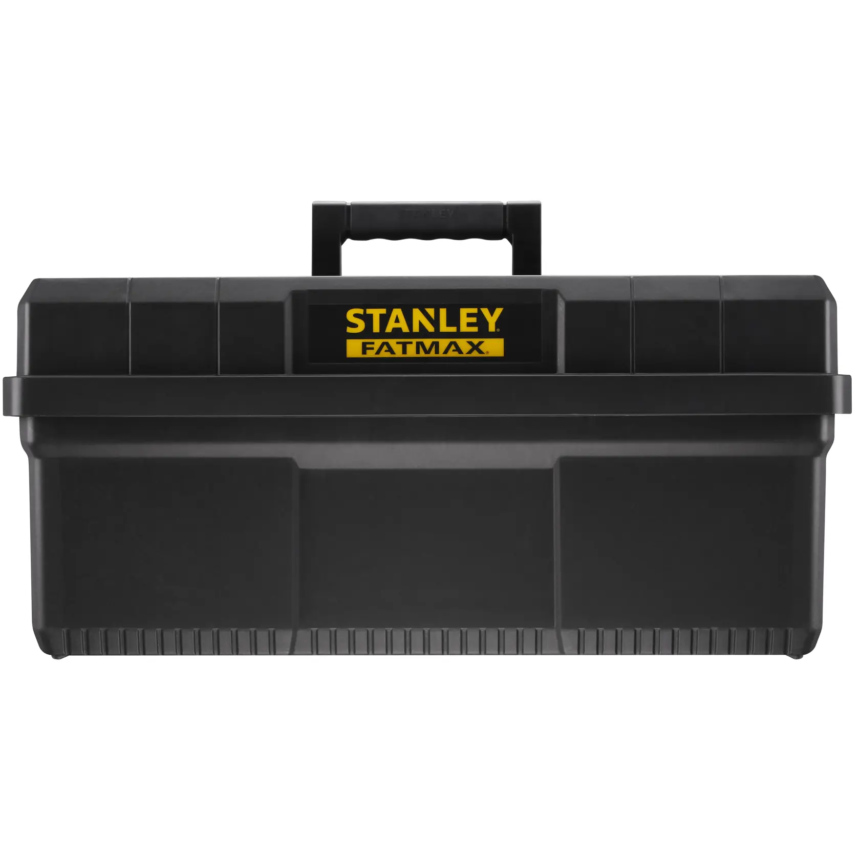 Stanley FatMax black toolbox with handle, shown closed, durable design for storing tools.