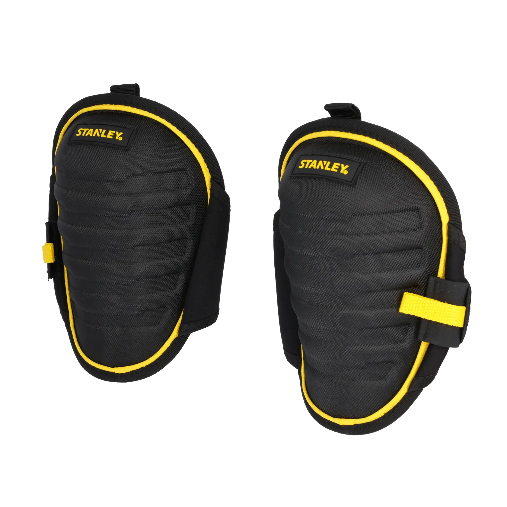 Photo of STANLEY FMST82959-1 black and yellow knee pads, front angle on white background.