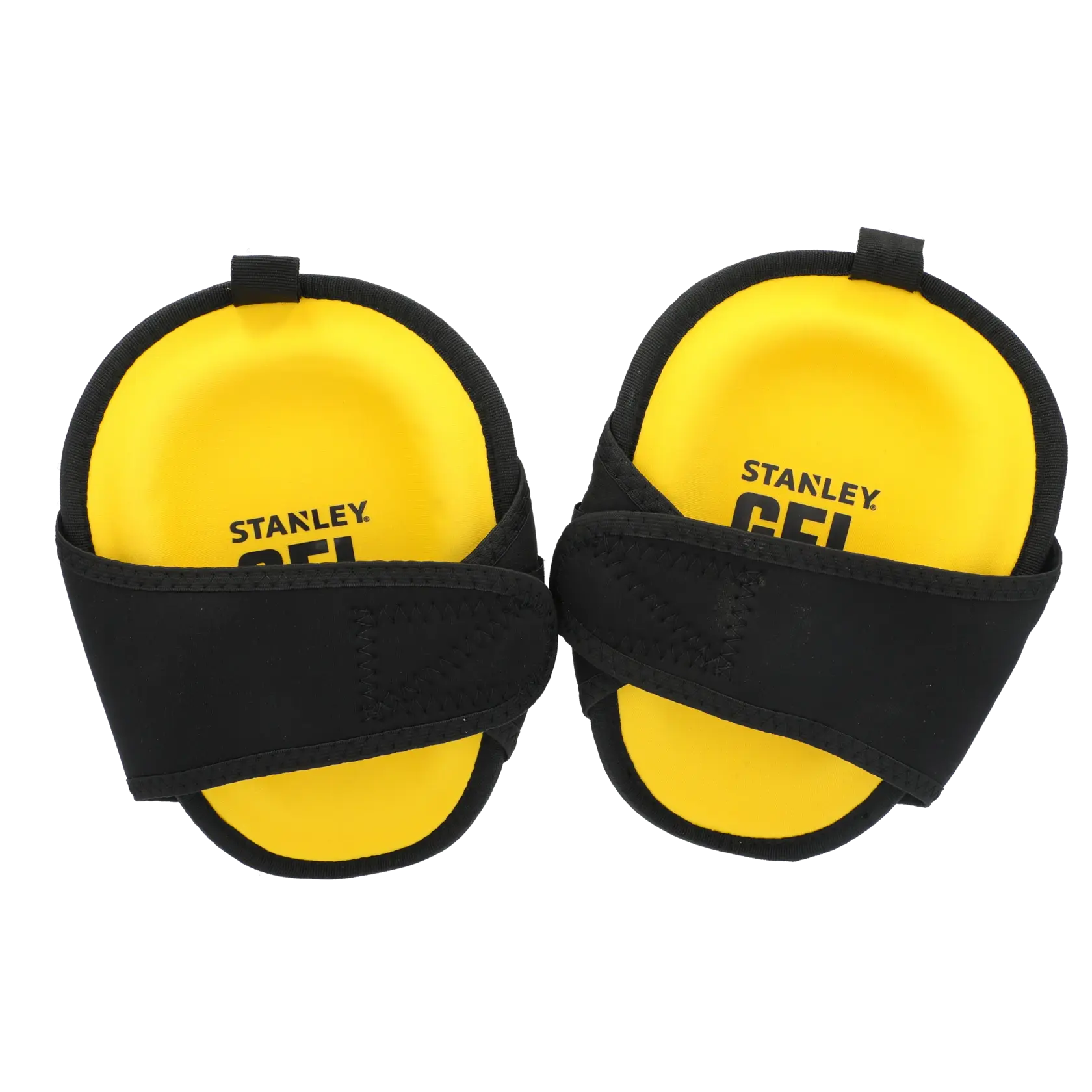 Stanley FMST82959-1 gel knee pads in yellow and black, top view on white background.