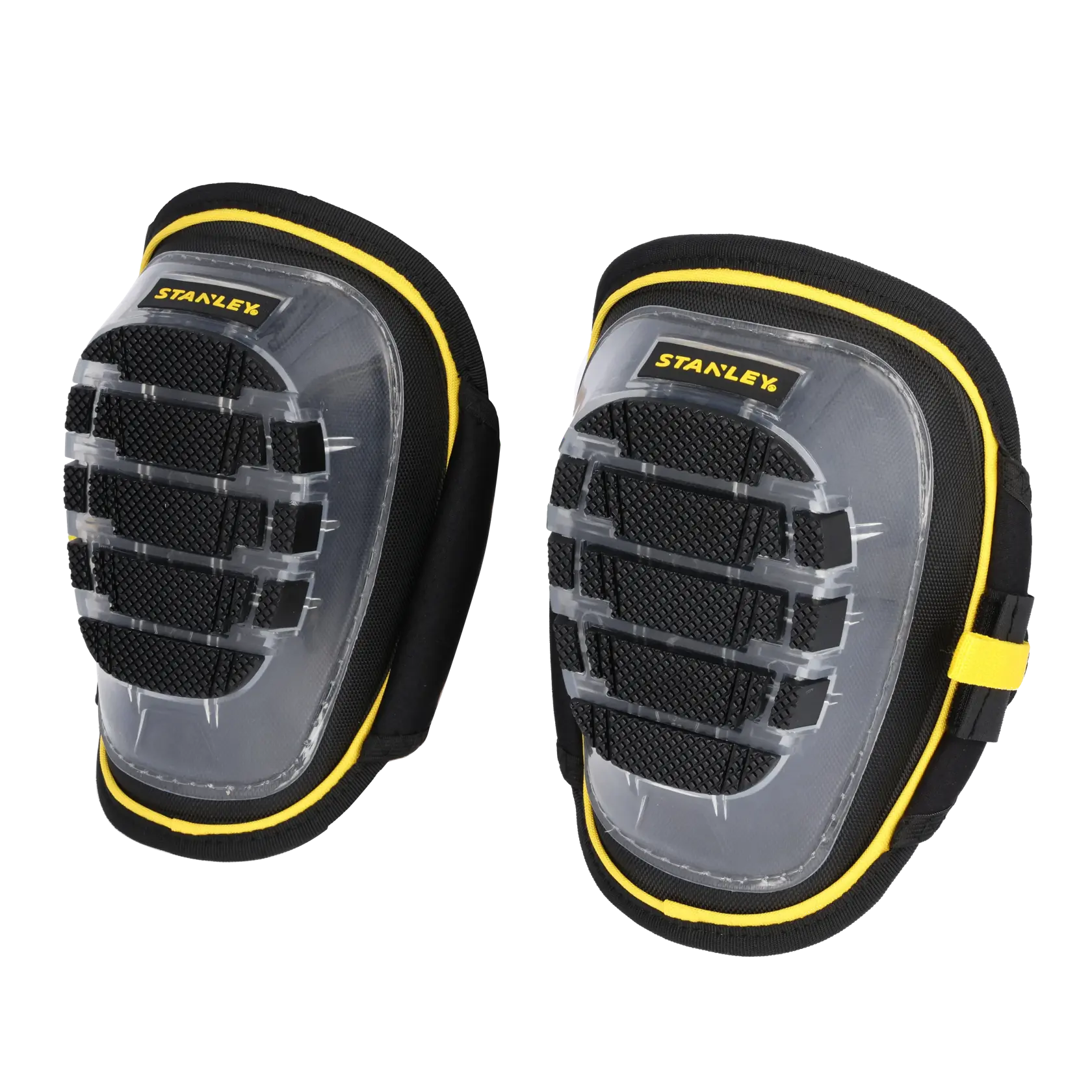 STANLEY FMST82960-1 knee pads with clear plastic caps, black and yellow, front view on white background.