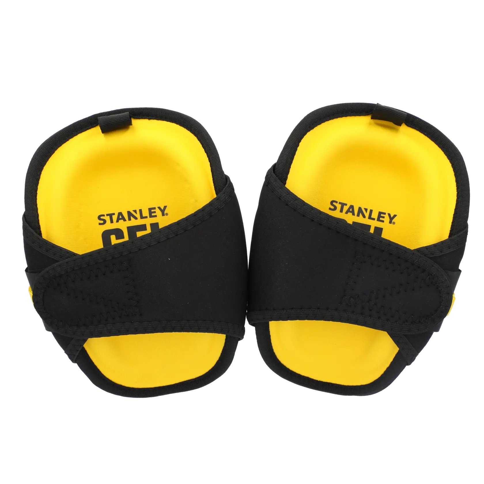 STANLEY FMST82960-1 black and yellow gel knee pads, photography, top view on white background.