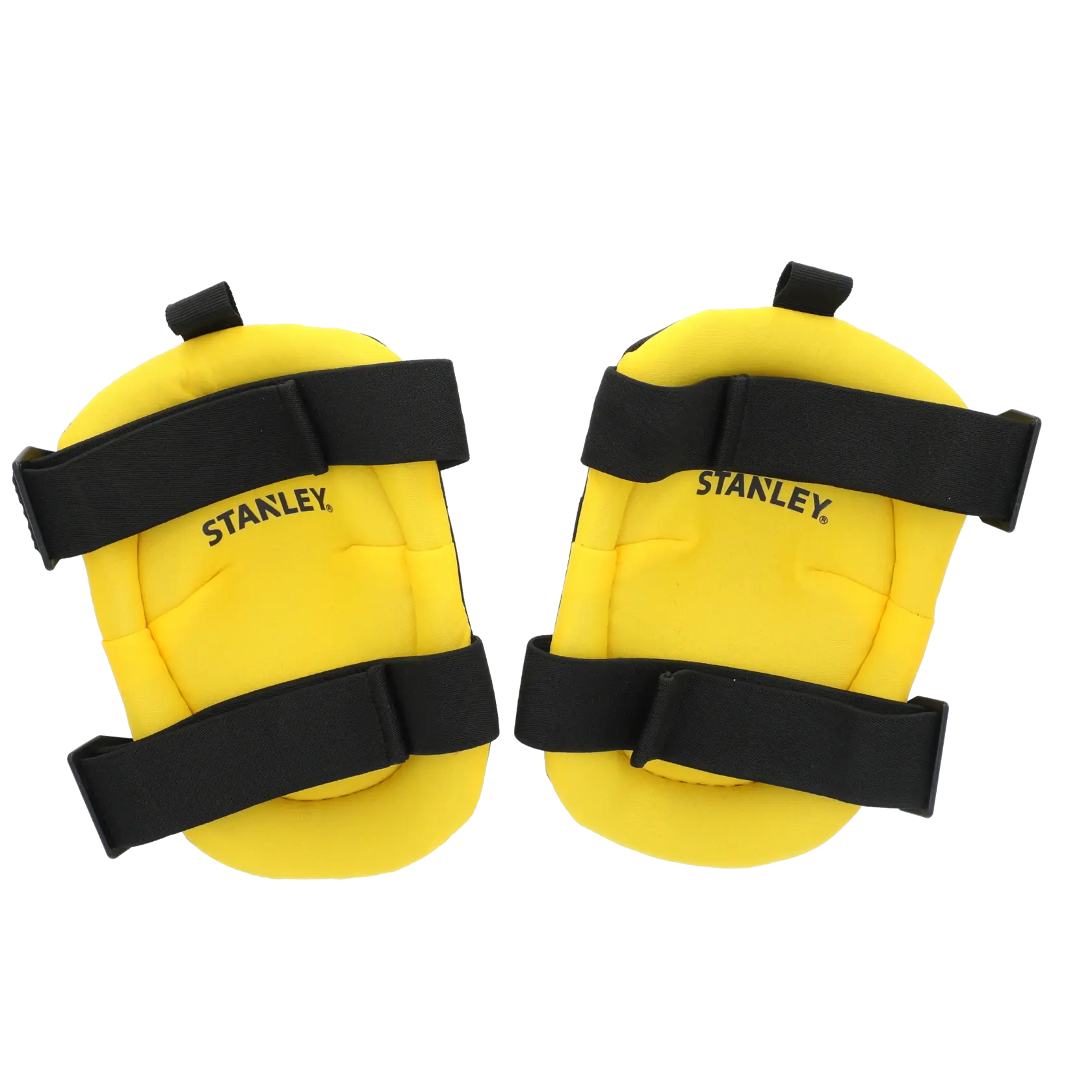 STANLEY FMST82961-1 yellow knee pads with black adjustable straps, front angle, on white background.