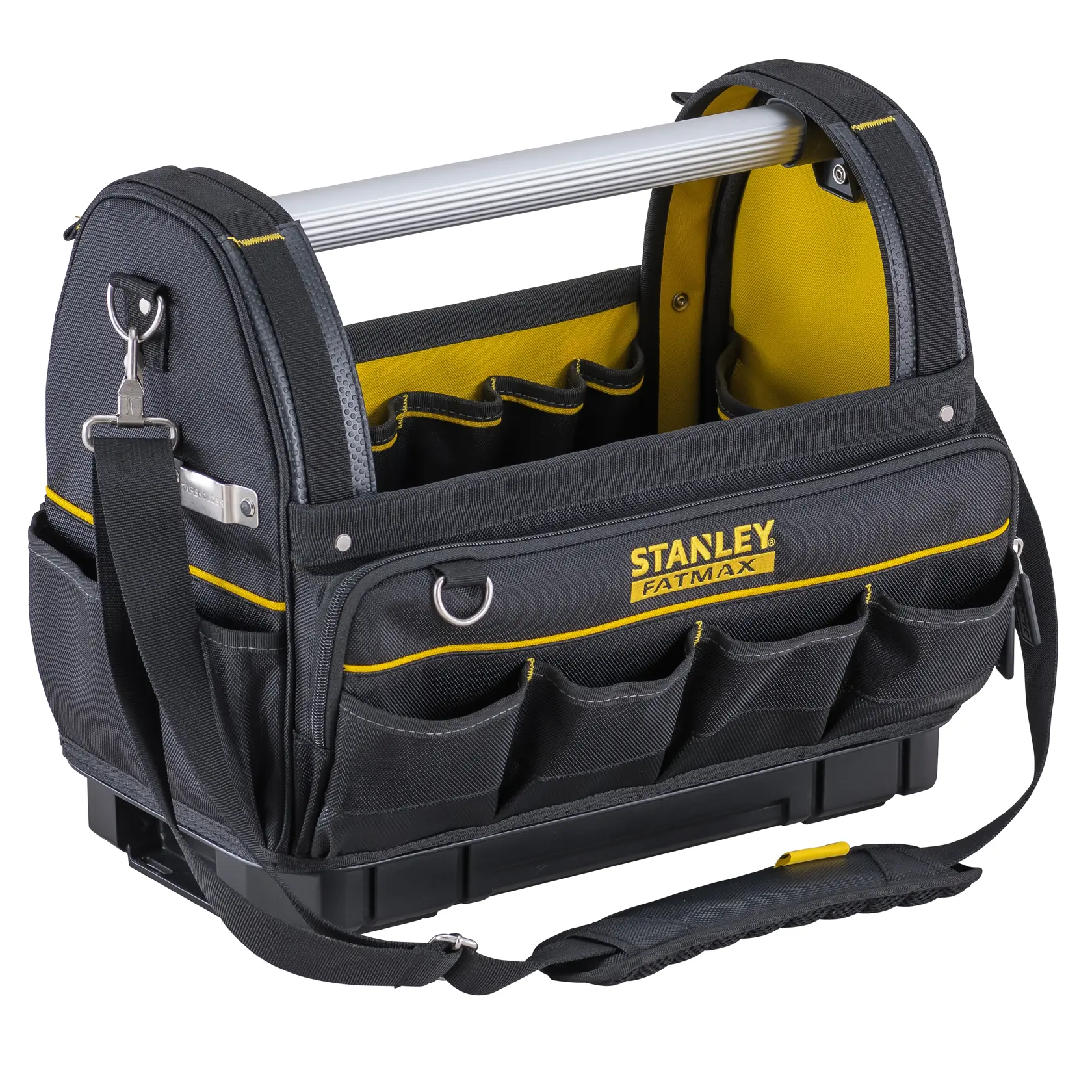 Photo of STANLEY FMST83296-1 tool bag with open top, shoulder strap, multiple exterior pockets, and yellow accents.