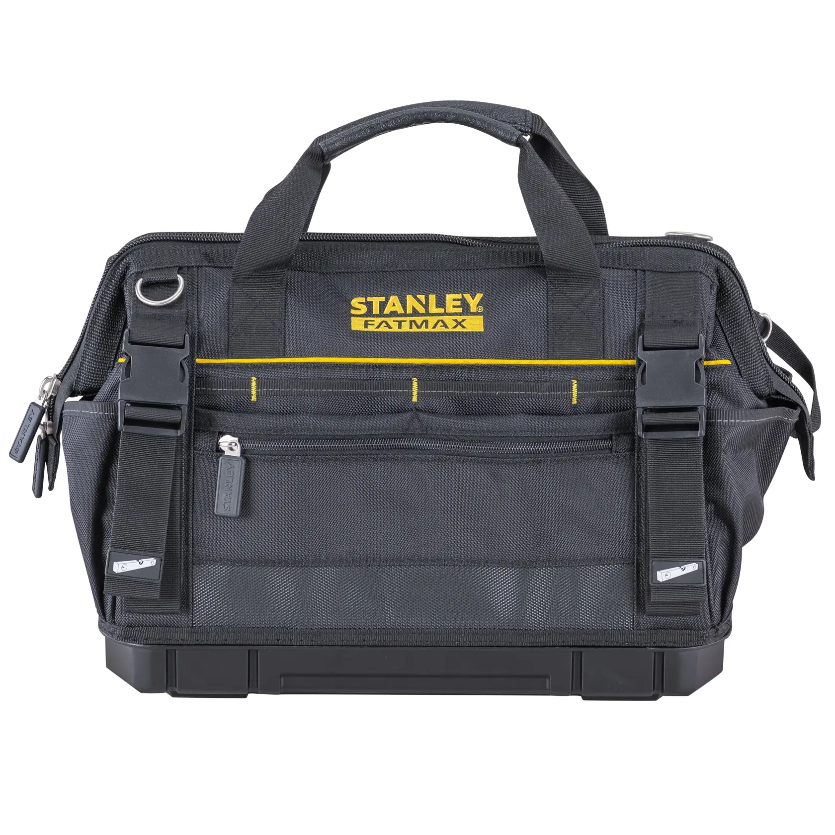 STANLEY FMST83297-1 black tool bag with yellow accents, front view, featuring multiple pockets and handles.
