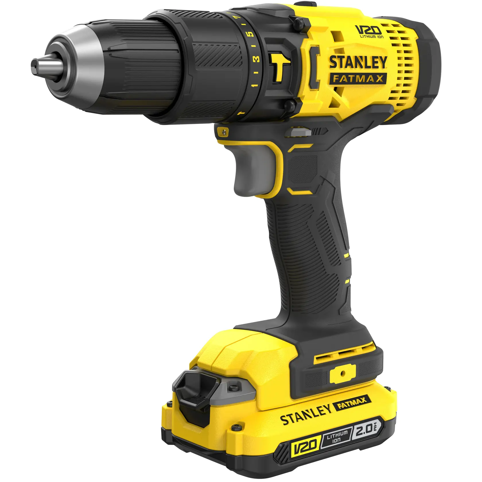 STANLEY SFMCD711D21 cordless drill, yellow and black, side angle, V20 Lithium Ion battery, Fatmax series.