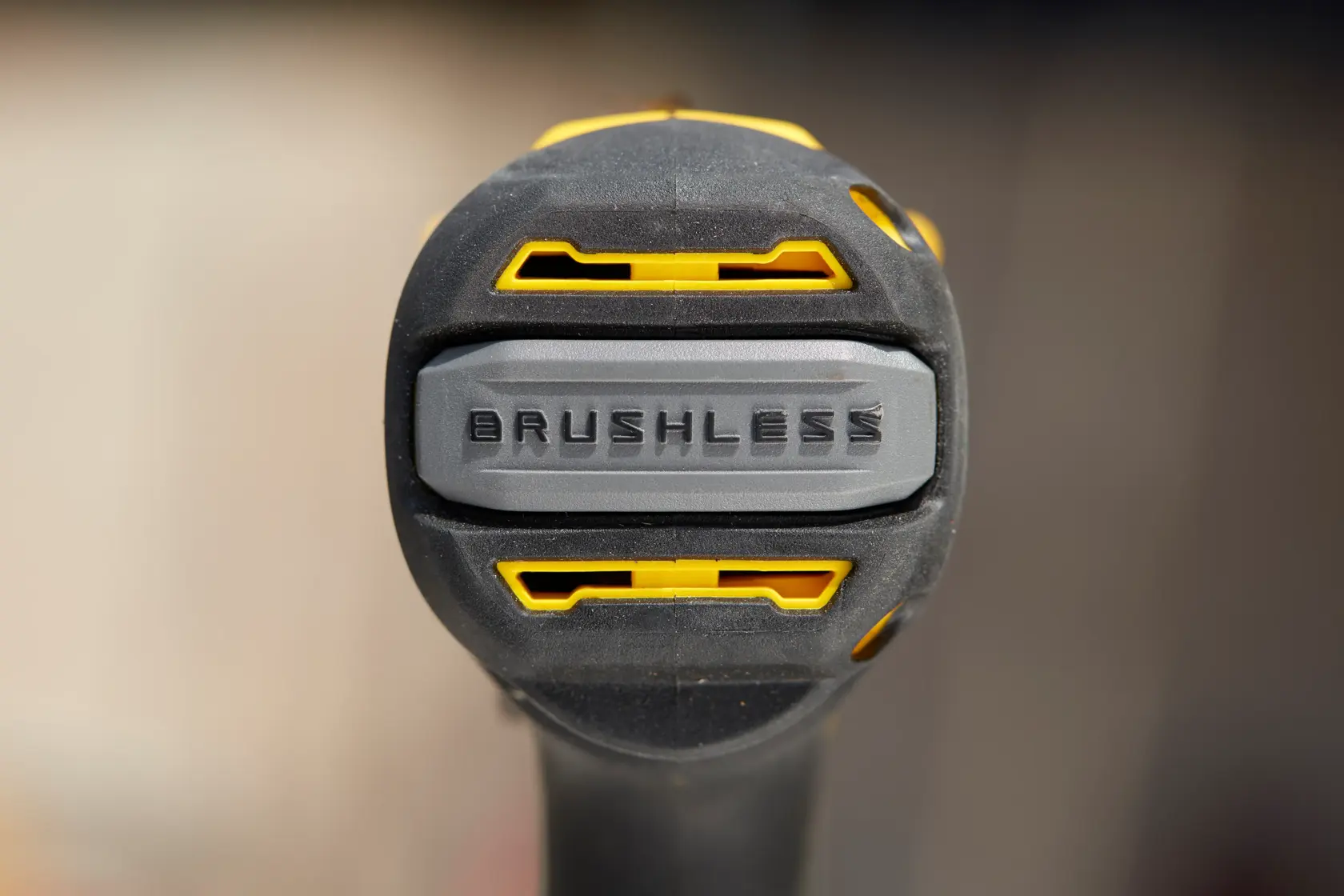 Close-up photo of STANLEY SFMCD715D1K brushless drill black and yellow front view.