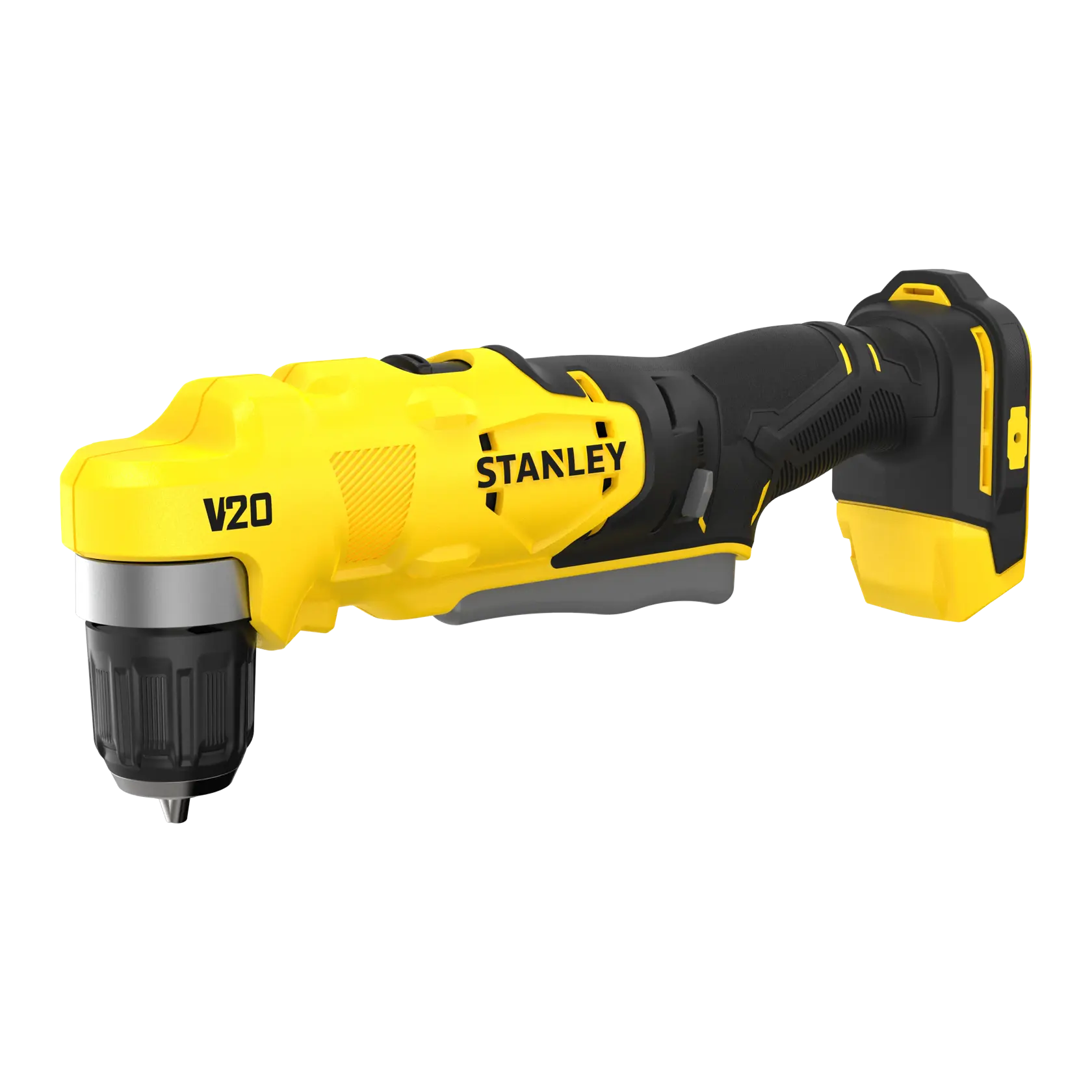 STANLEY SFMCD750B cordless angle drill, yellow and black, side view, V20 Lithium Ion, power tool.