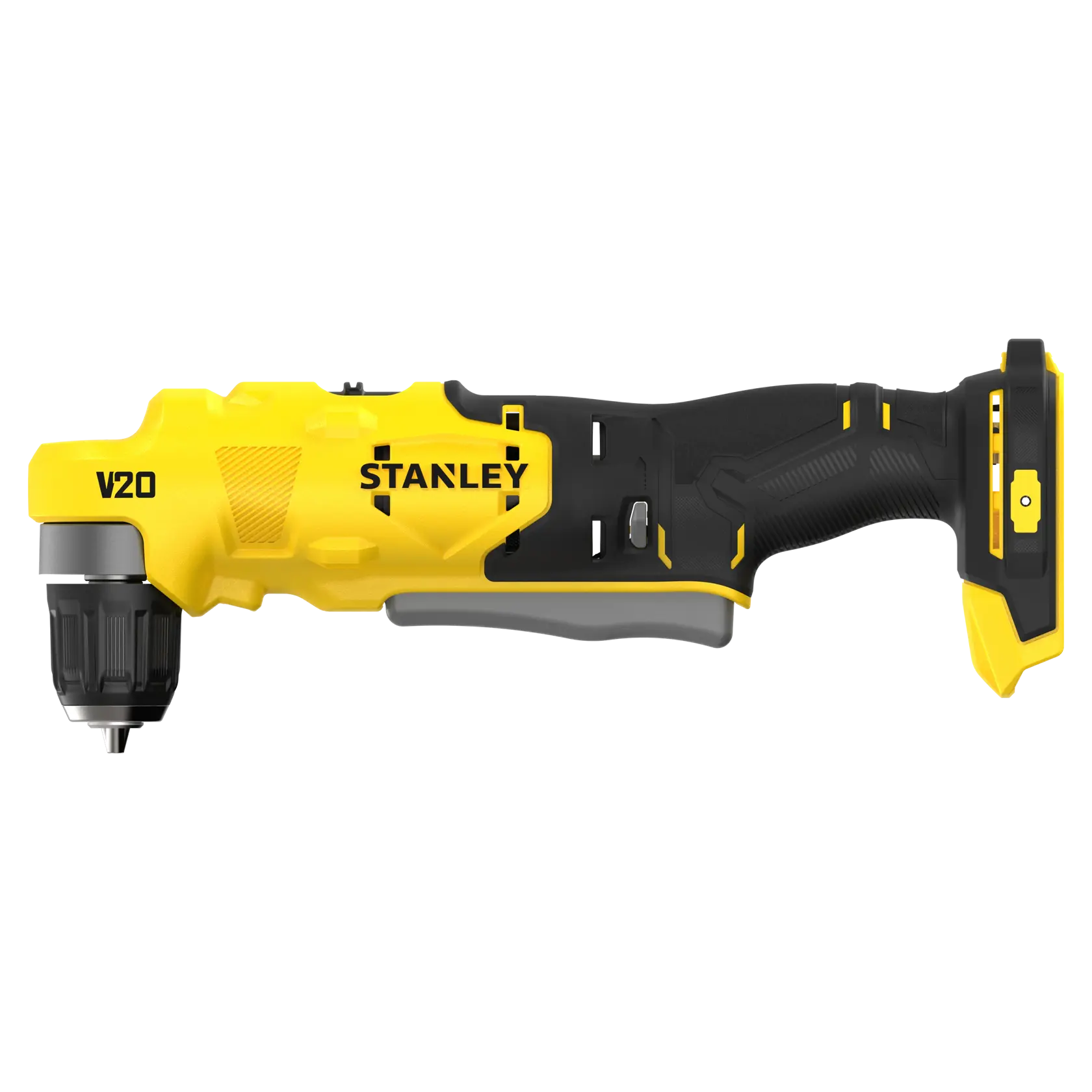 Photo of STANLEY SFMCD750B cordless V20 FATMAX drill, yellow and black, side view on white background.