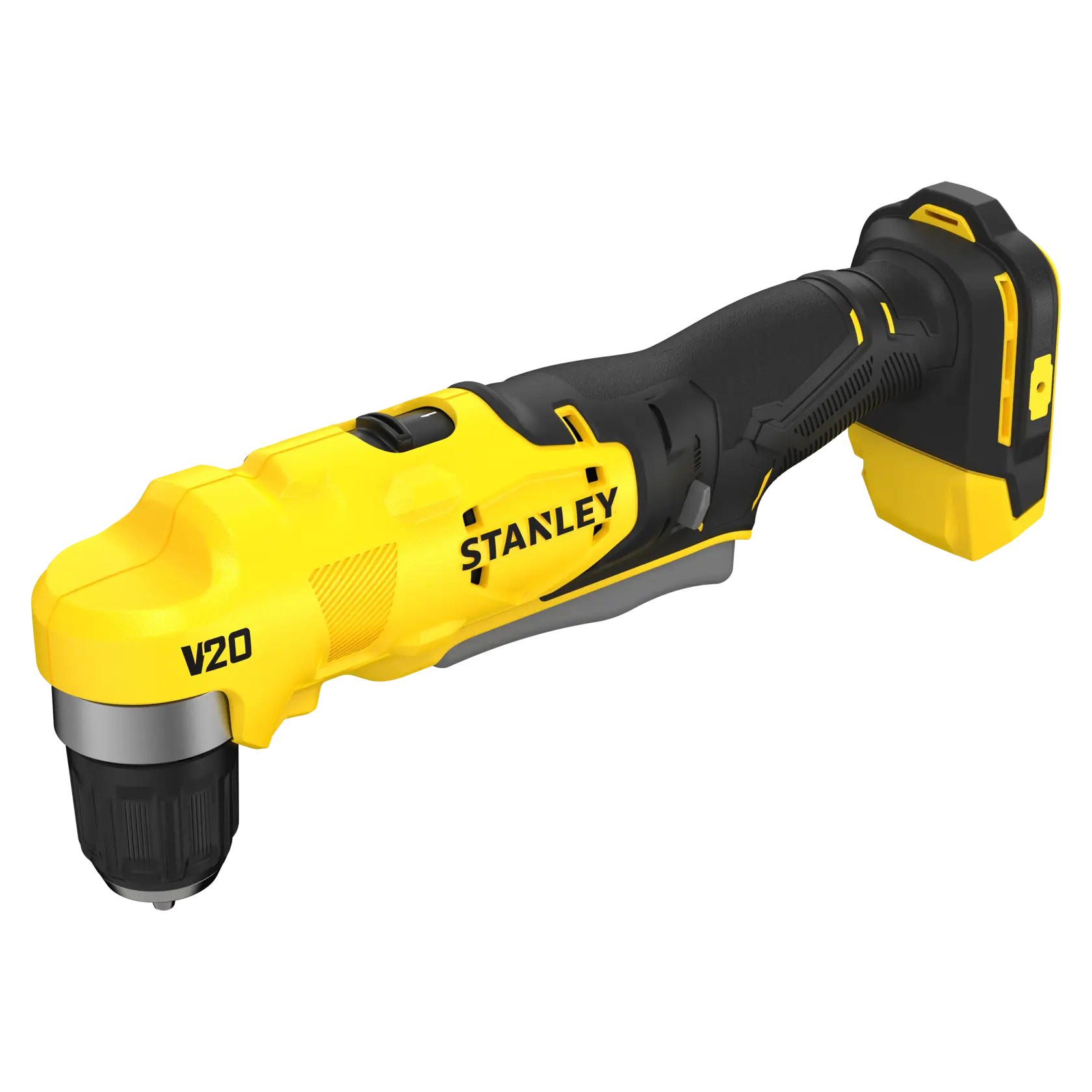 STANLEY SFMCD750B cordless right angle drill, yellow and black, product side view on white background.