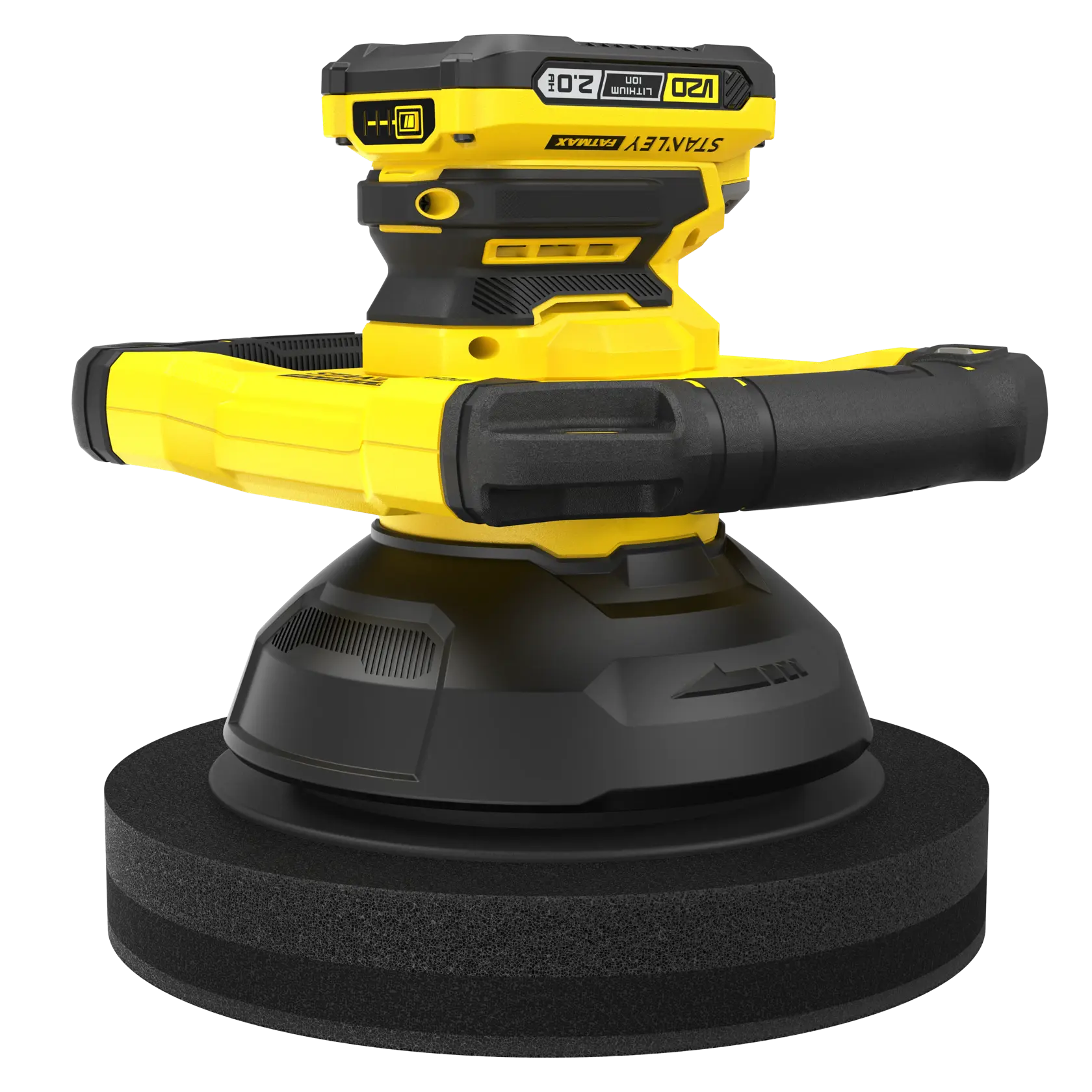 STANLEY cordless polisher with yellow and black design, ergonomic handle, and round polishing pad.
