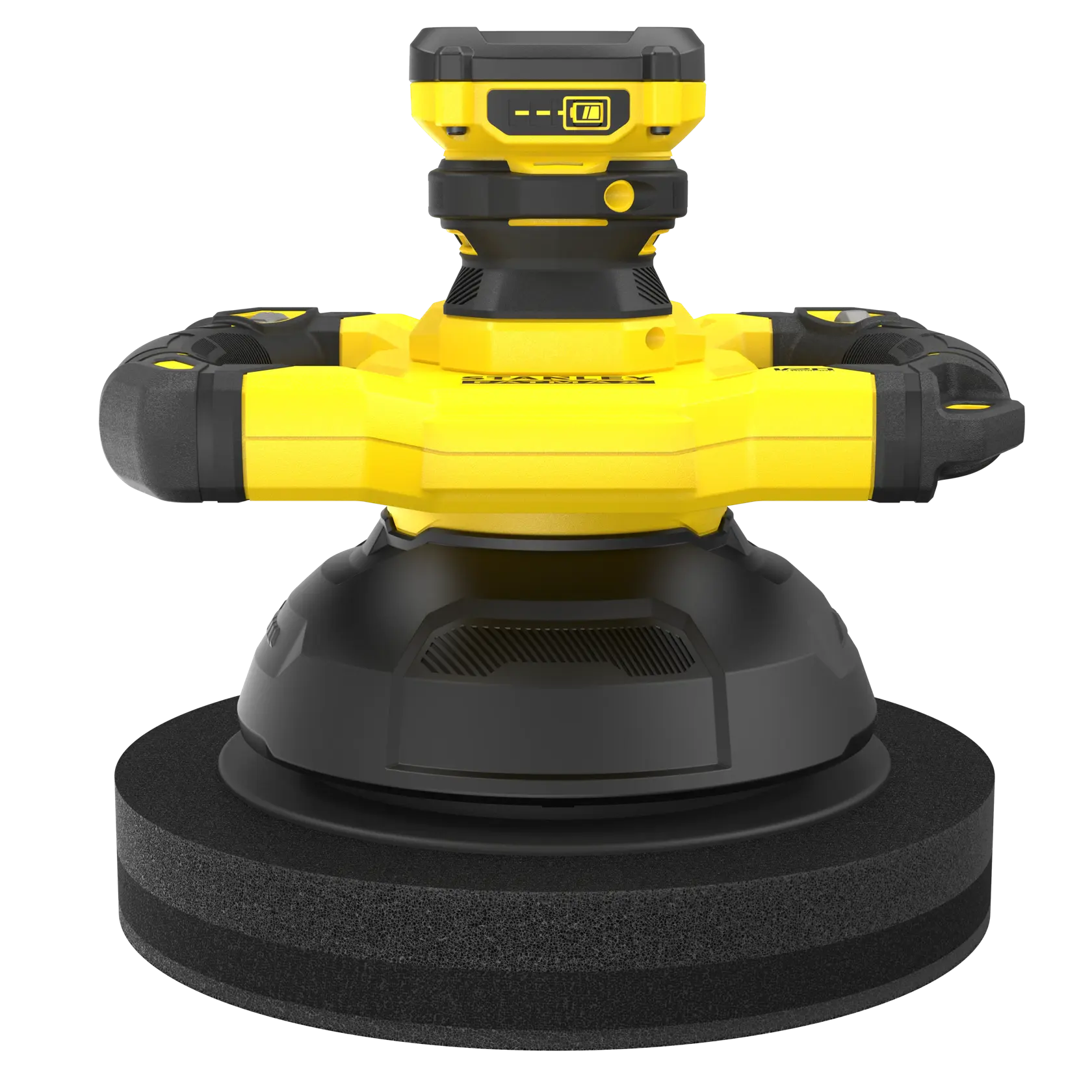 STANLEY cordless polisher SFMCE100D2 with yellow and black design, shown on a white background.