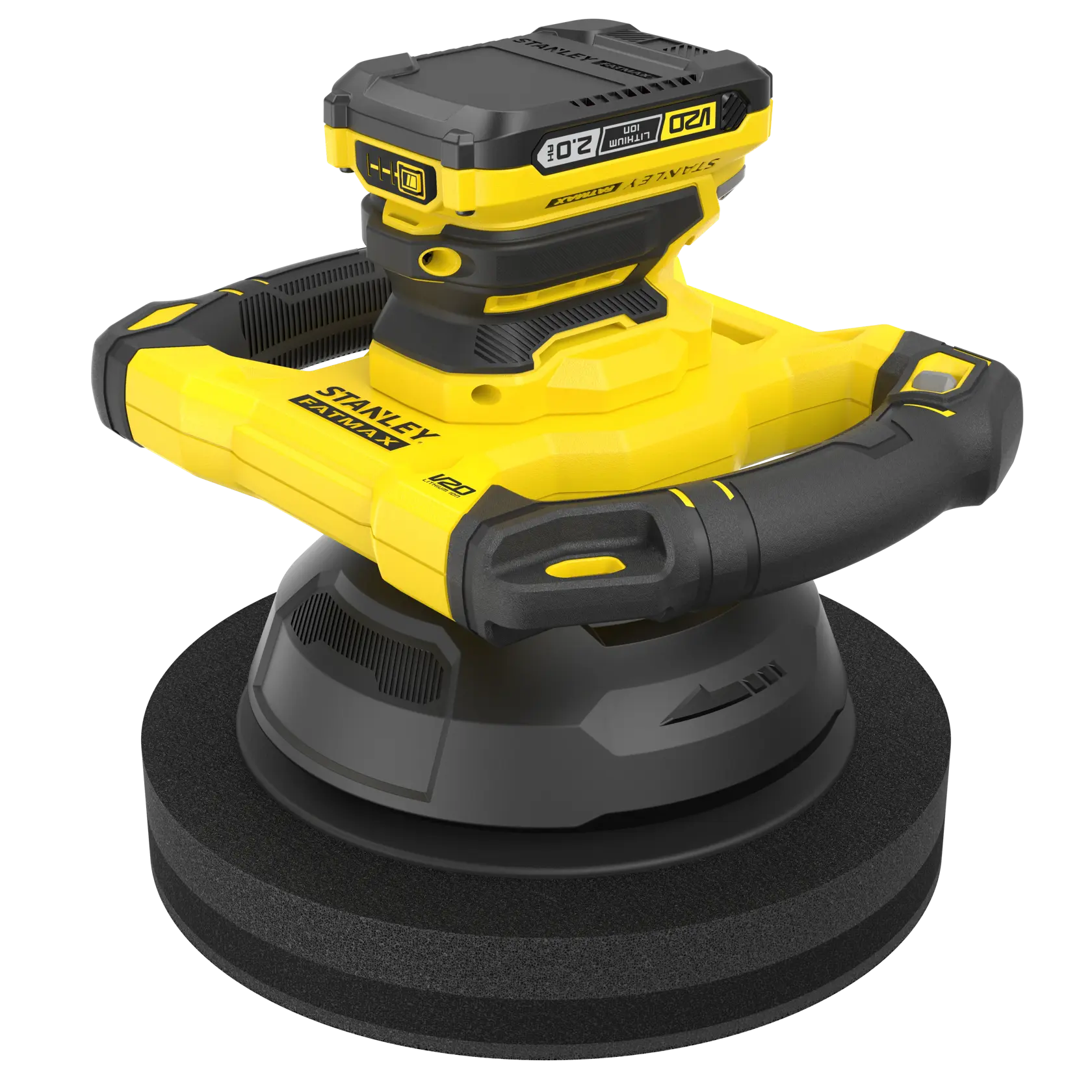 Yellow and black Stanley cordless polisher tool with ergonomic handle and round polishing pad.