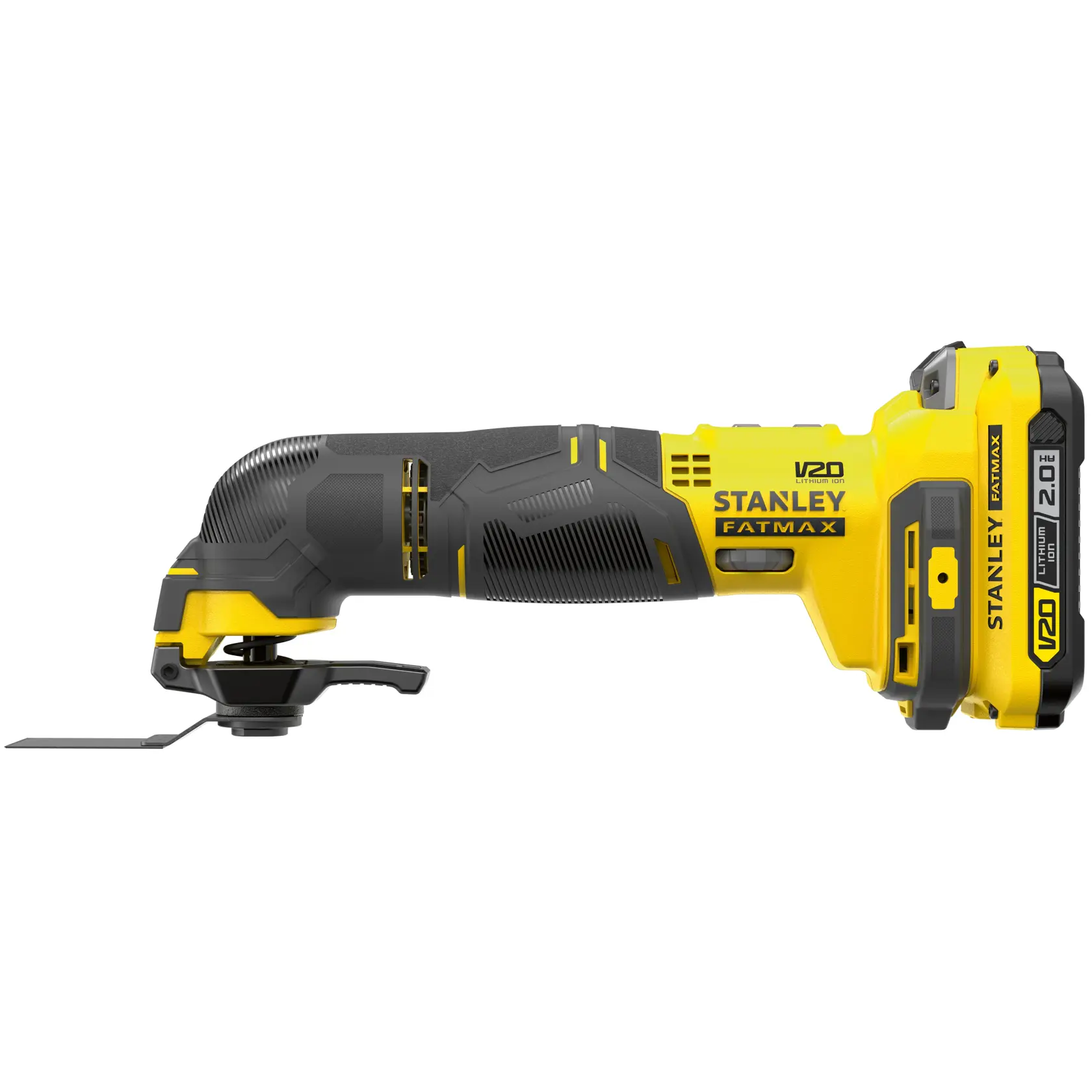 Photo of STANLEY SFMCE500D1K V20 FATMAX cordless multi-tool, yellow and black, side view on white background.