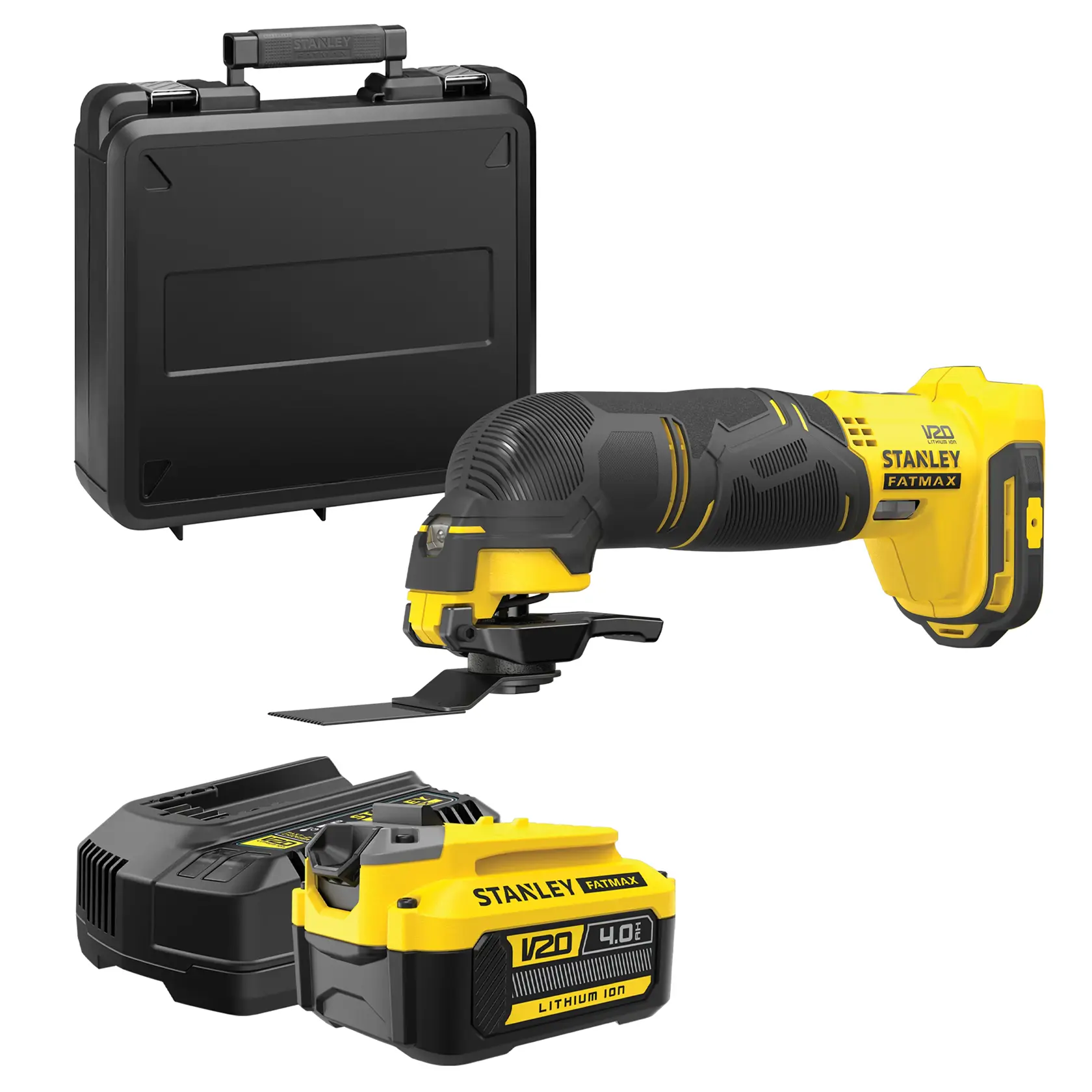 Stanley cordless multi-tool set with case, accessories, battery, charger, and sanding pads.