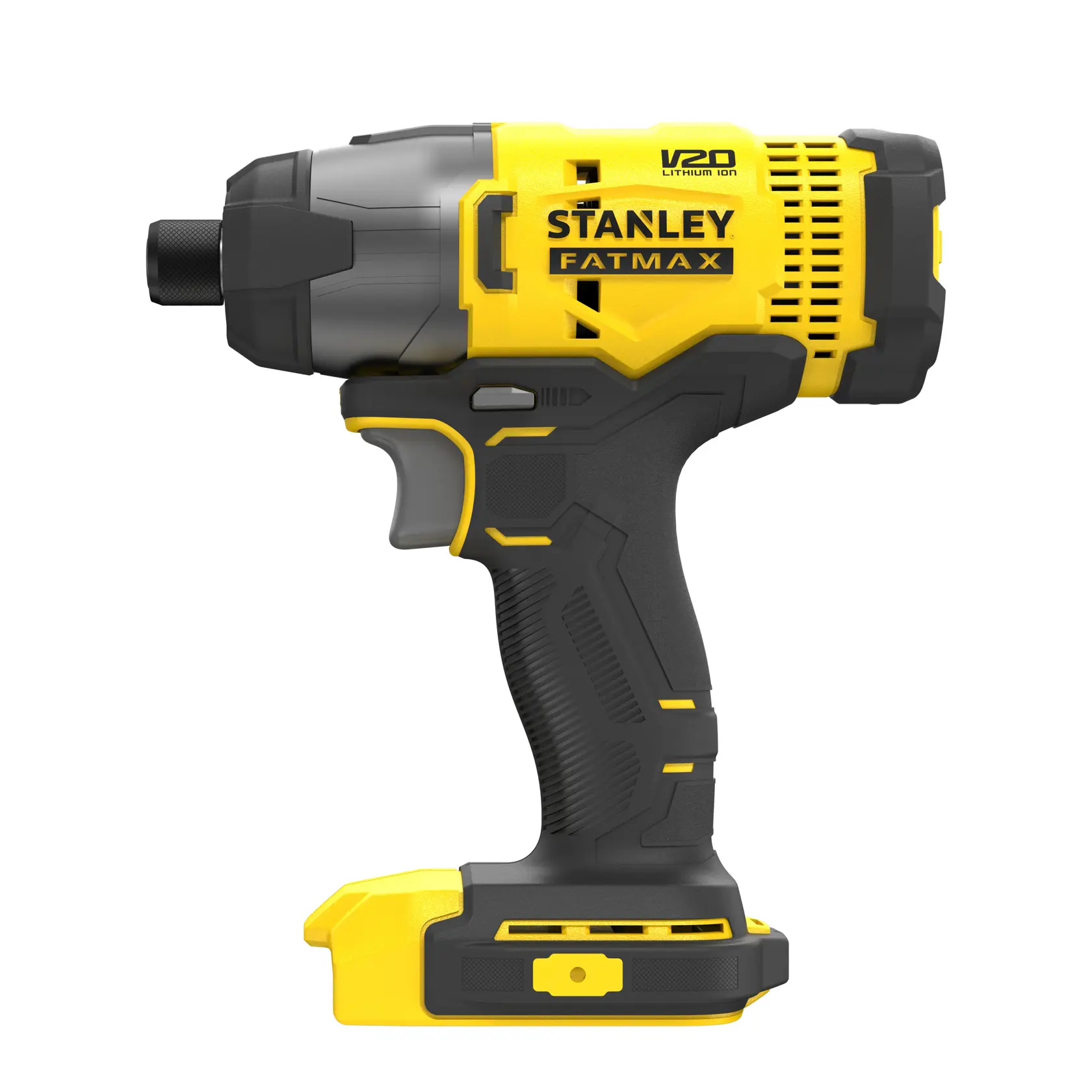 Stanley Fatmax V20 cordless impact driver, black and yellow, side view, battery not attached.
