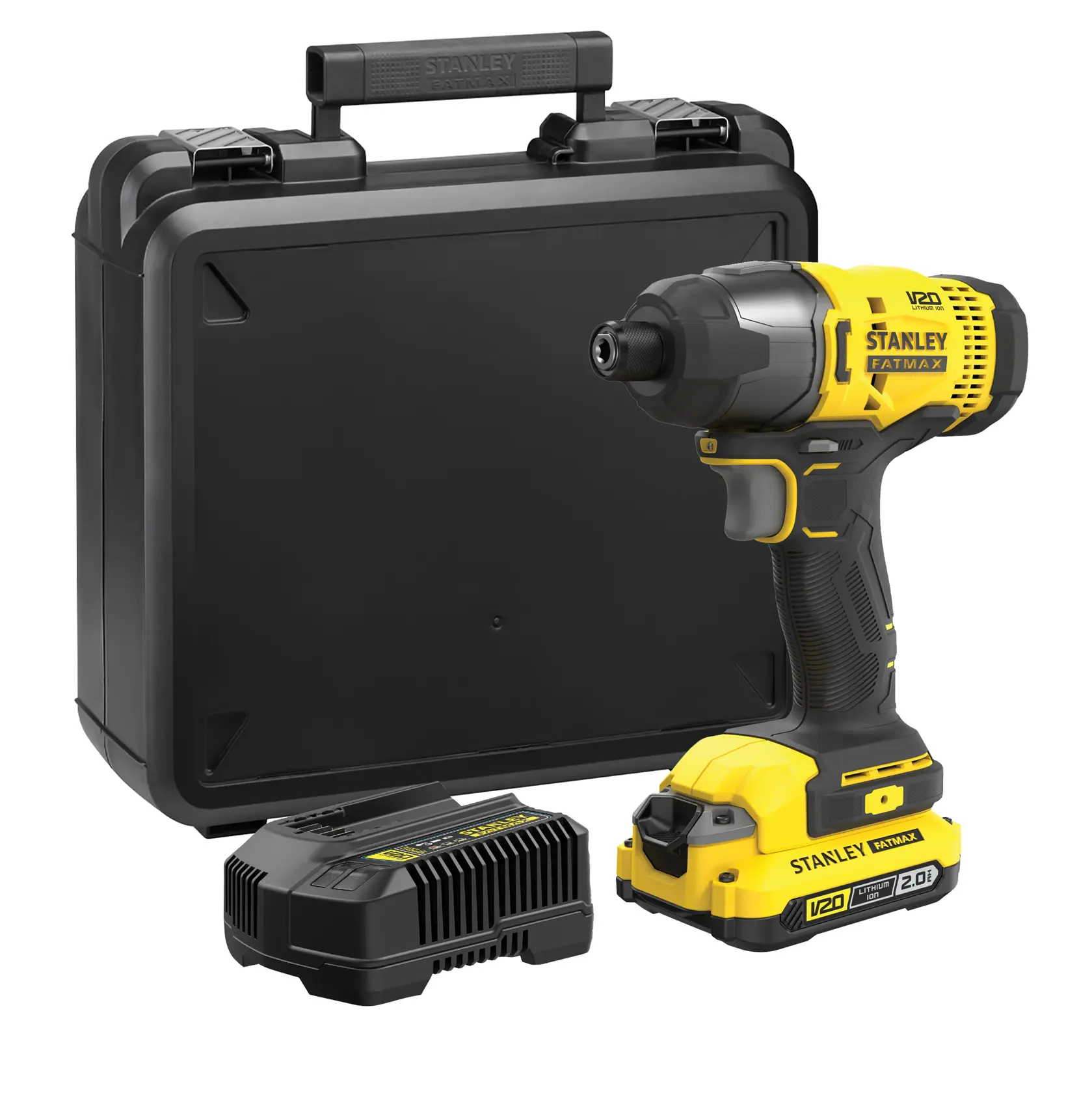 Stanley cordless impact driver kit with battery, charger and carrying case, shown against a white background.