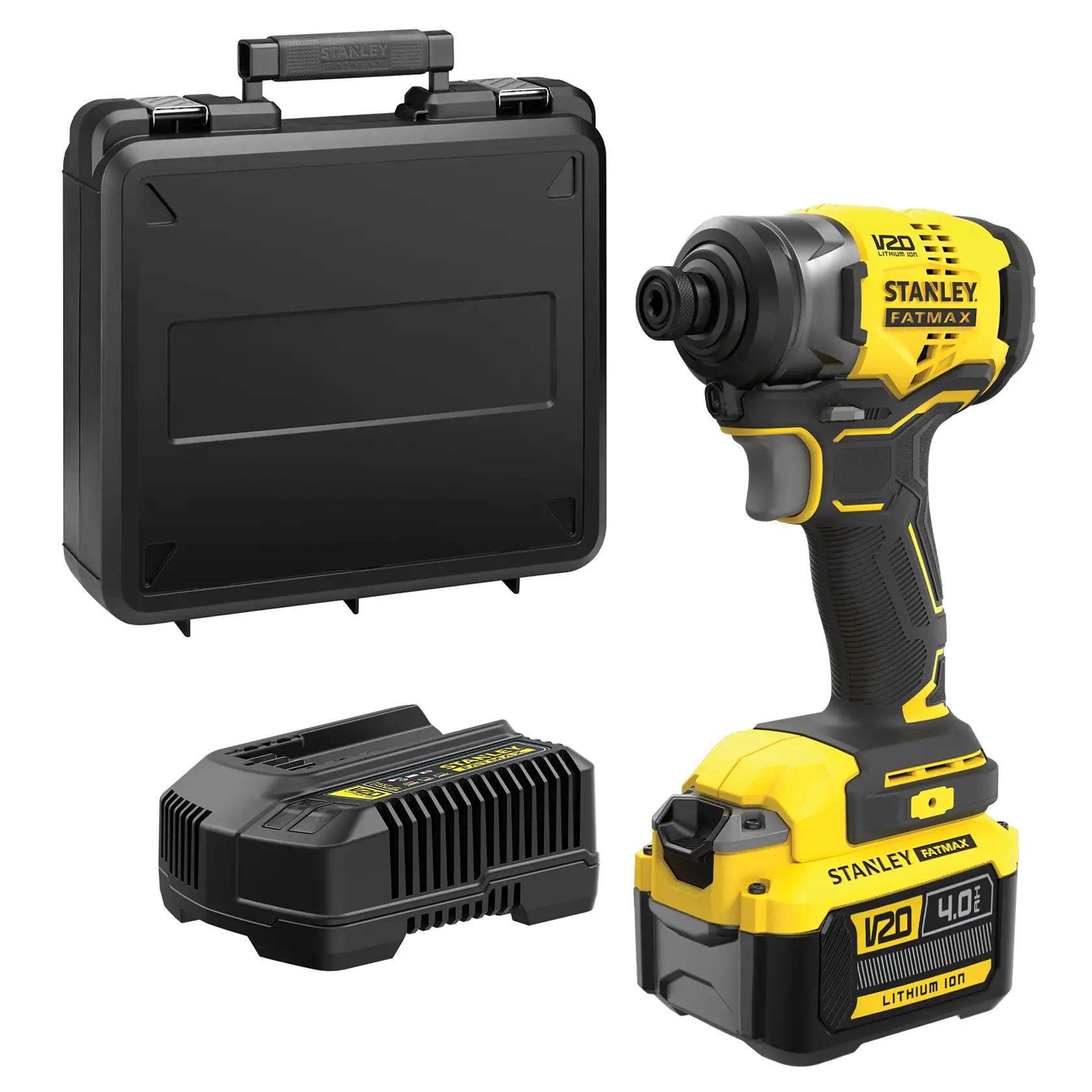 Stanley Fatmax V20 cordless impact driver with charger, battery, and black carrying case.