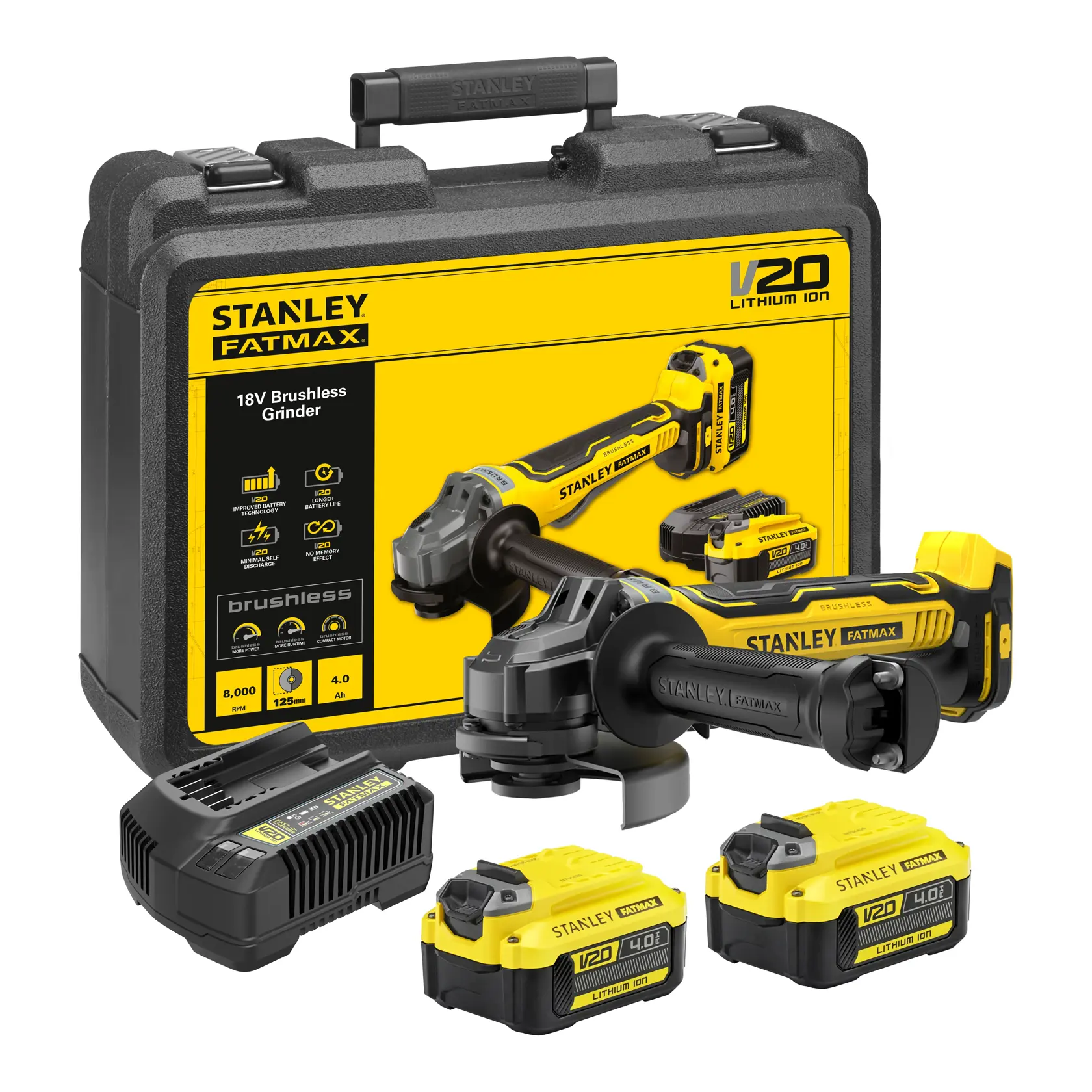 Photo of STANLEY SFMCG700M2K cordless angle grinder, yellow and black, front angle on white background.