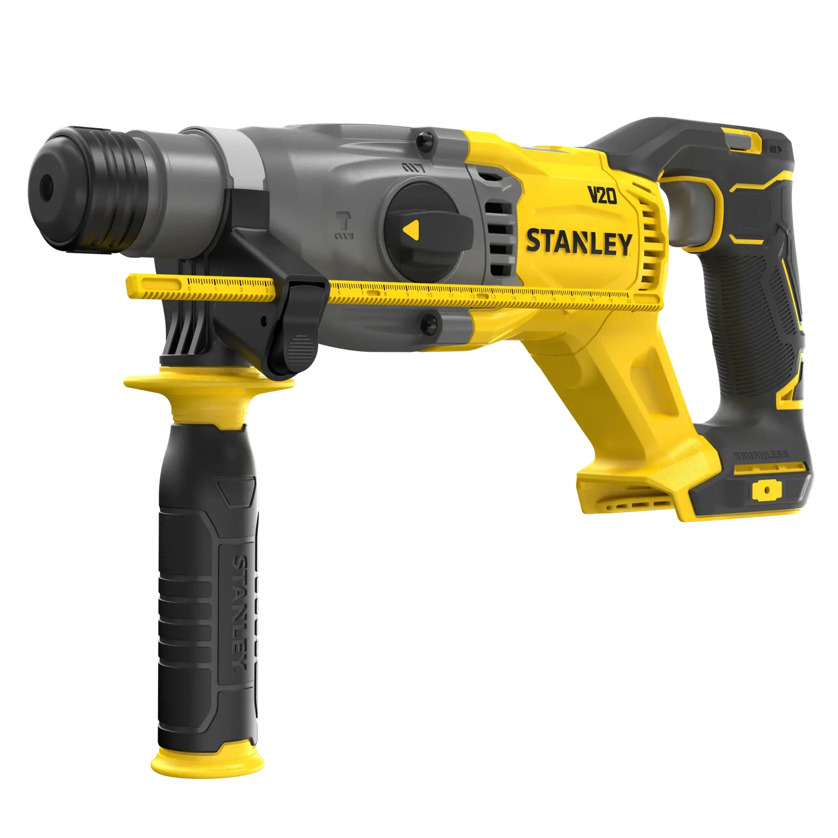 STANLEY SFMCH900B rotary hammer drill, yellow and black, side angle, brushless, auxiliary handle.