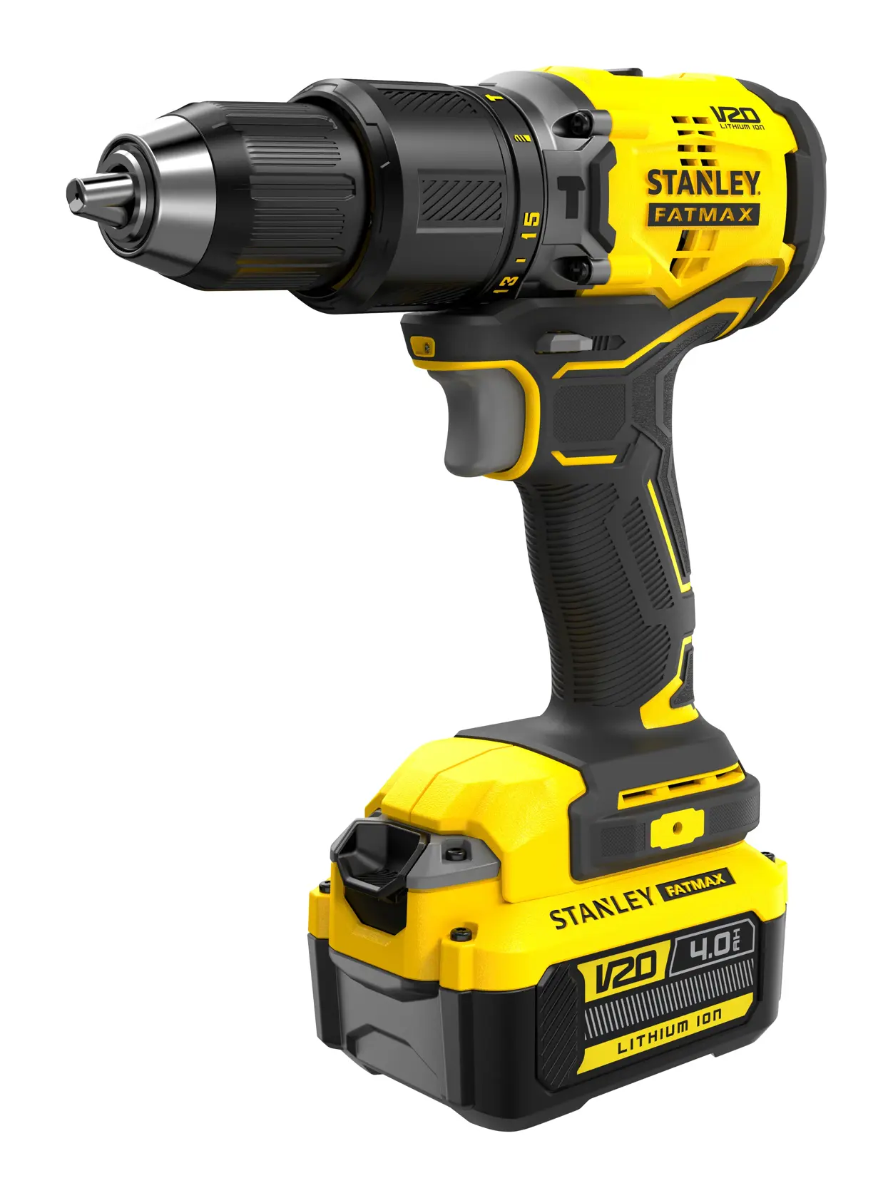 STANLEY SFMCK461M2S cordless drill, yellow and black, product photography, angled view on white background.