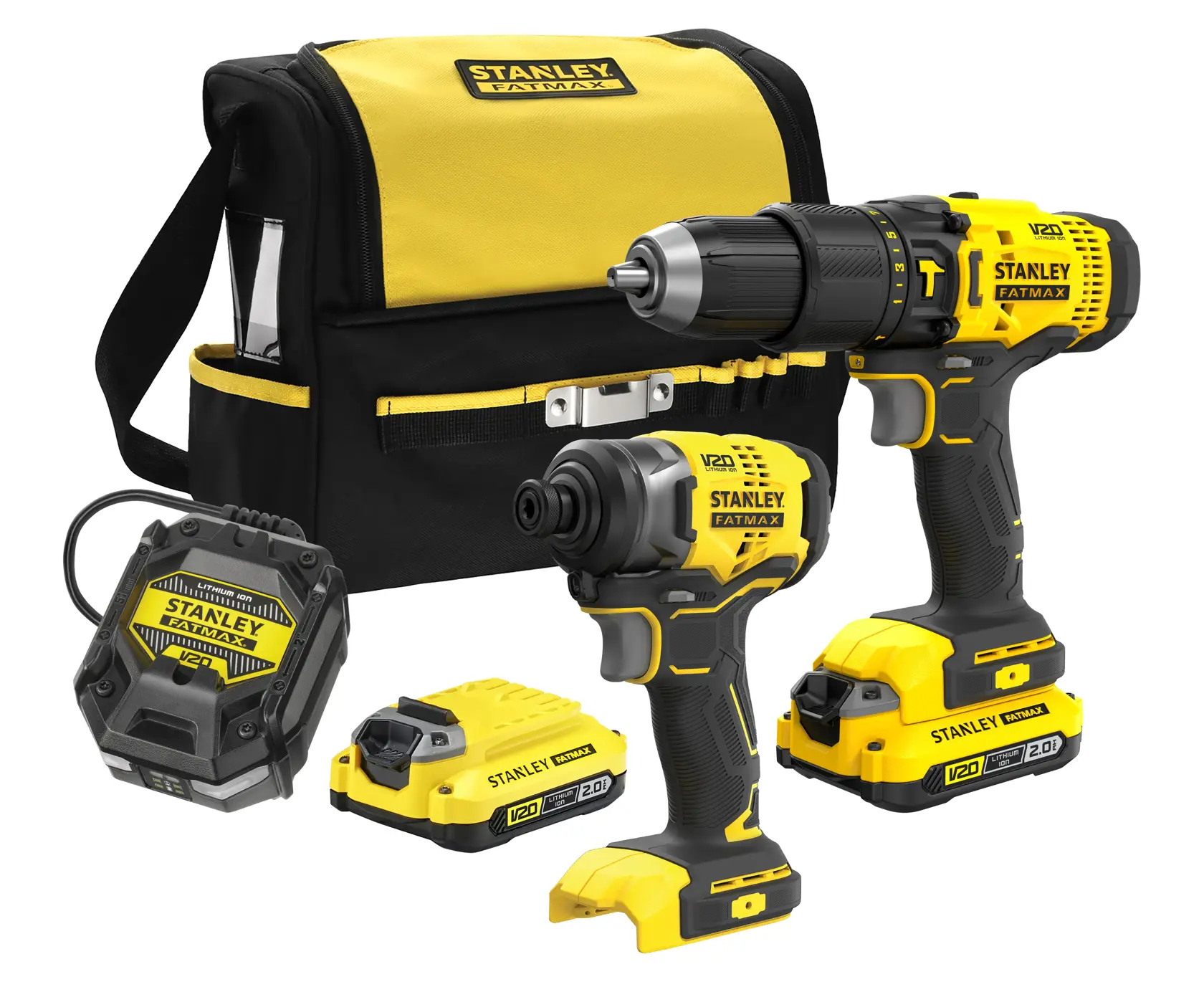 STANLEY SFMCK465D2S drill and impact driver kit with bag, batteries, charger, front angle, yellow and black.