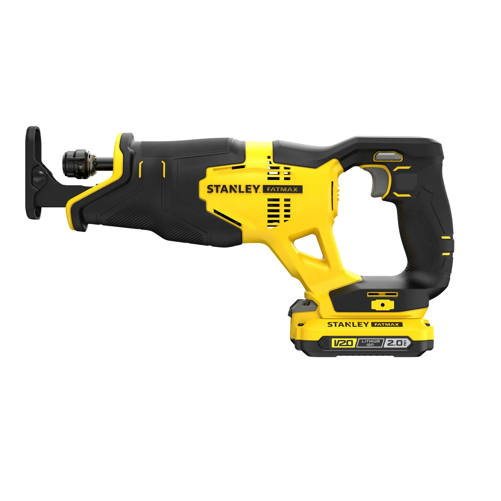 STANLEY SFMCS300D2K cordless reciprocating saw, yellow and black, side view on white background.