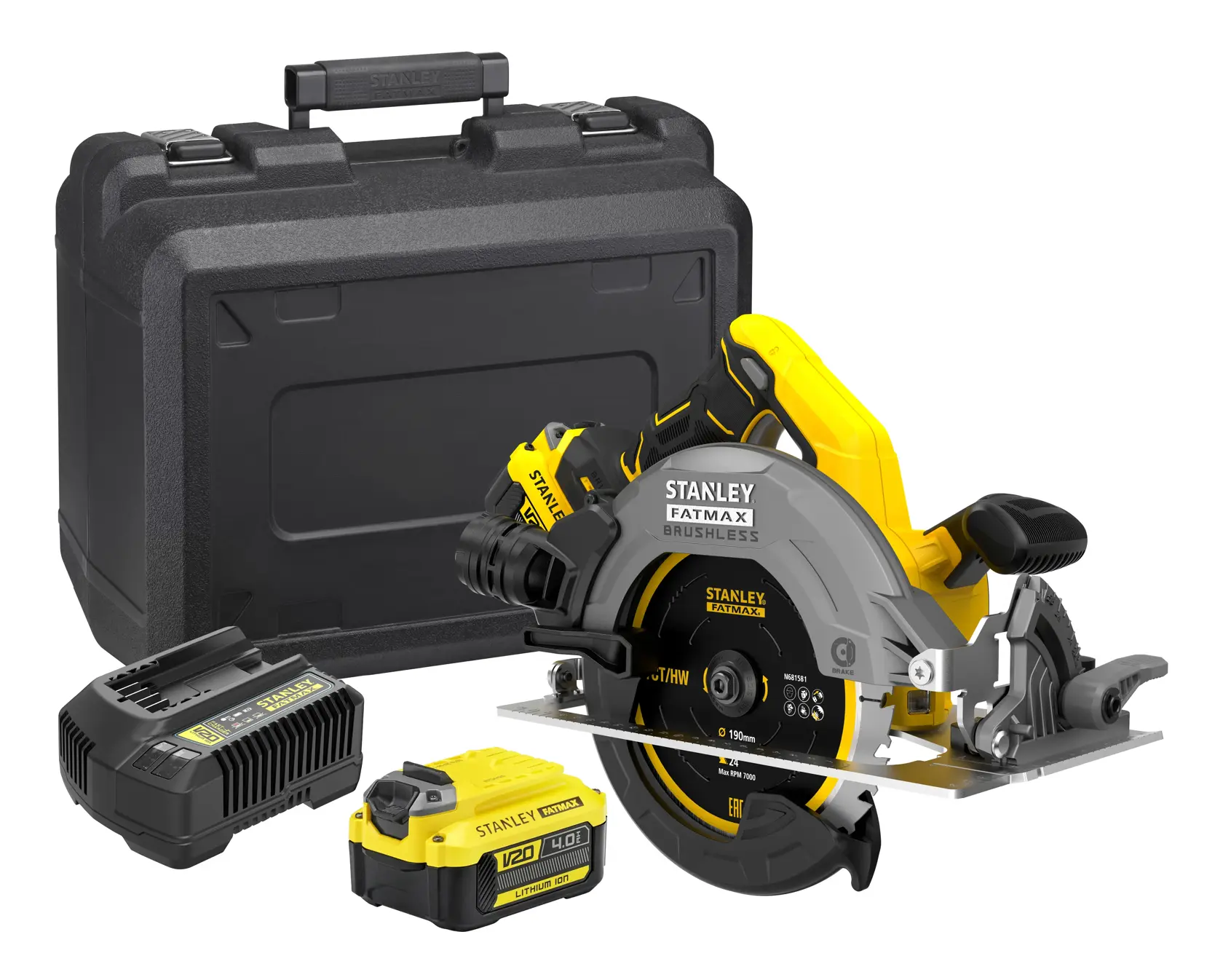 STANLEY SFMCS500M2K circular saw kit with case, battery, and charger, front angle, black and yellow.