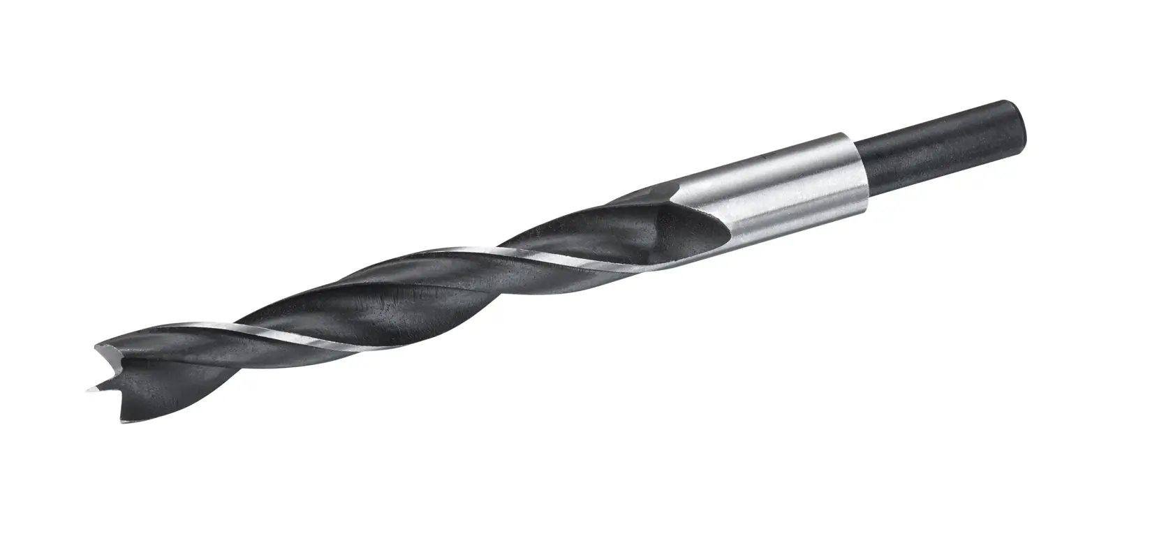 STANLEY STA52046 black and silver wood drill bit, side view, isolated on white background.