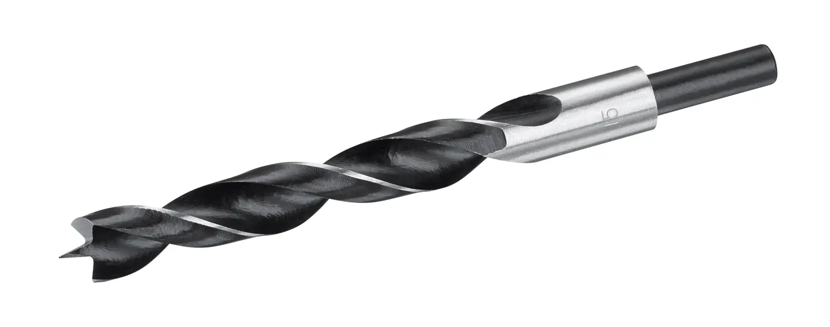 STANLEY STA52251 wood drill bit, black and silver, side angle product photo on white background.