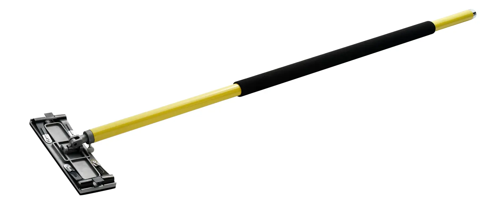 Long yellow handle with black grip and flat rectangular tool head, suitable for surface cleaning or painting.