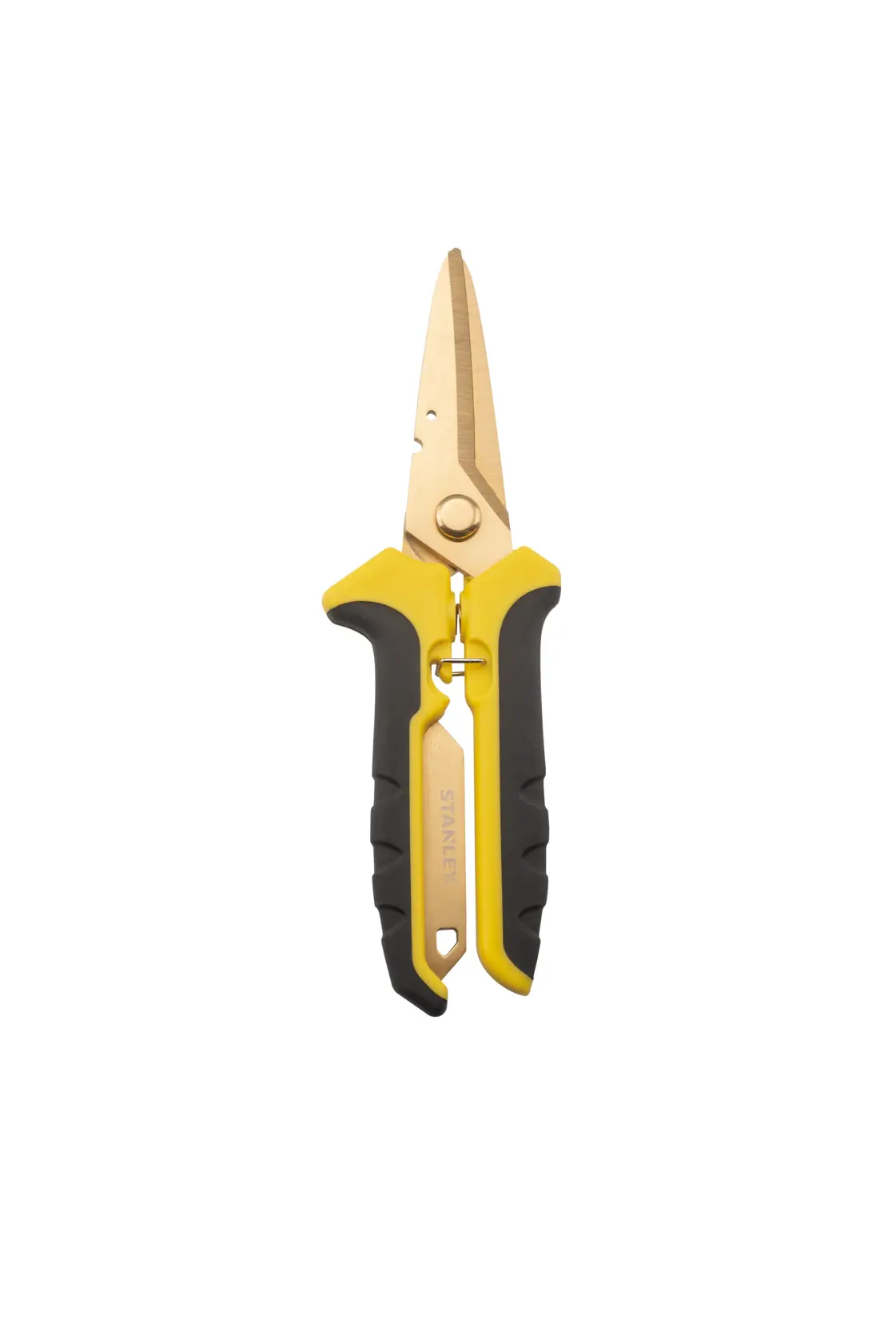 Photo of STANLEY STHT0-14103 utility scissors with yellow and black handles, titanium-coated straight blades, side view.