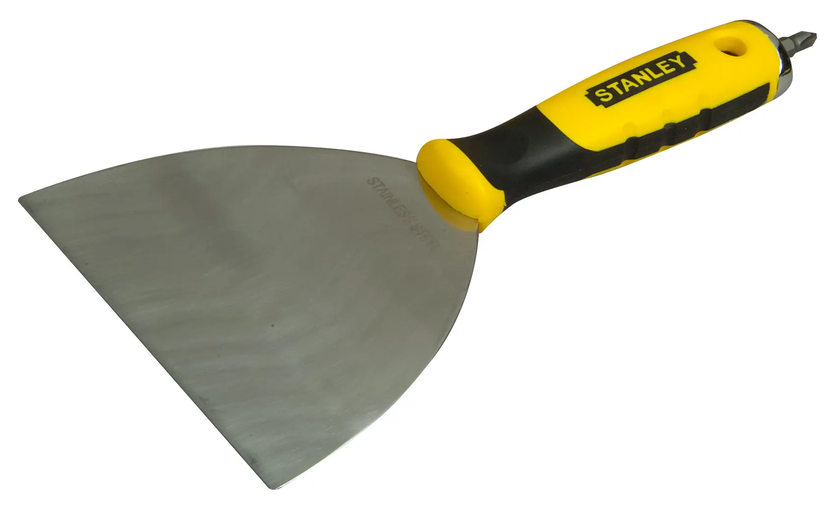 STANLEY STHT0-28034 putty knife with yellow and black ergonomic handle, side angle, photography.