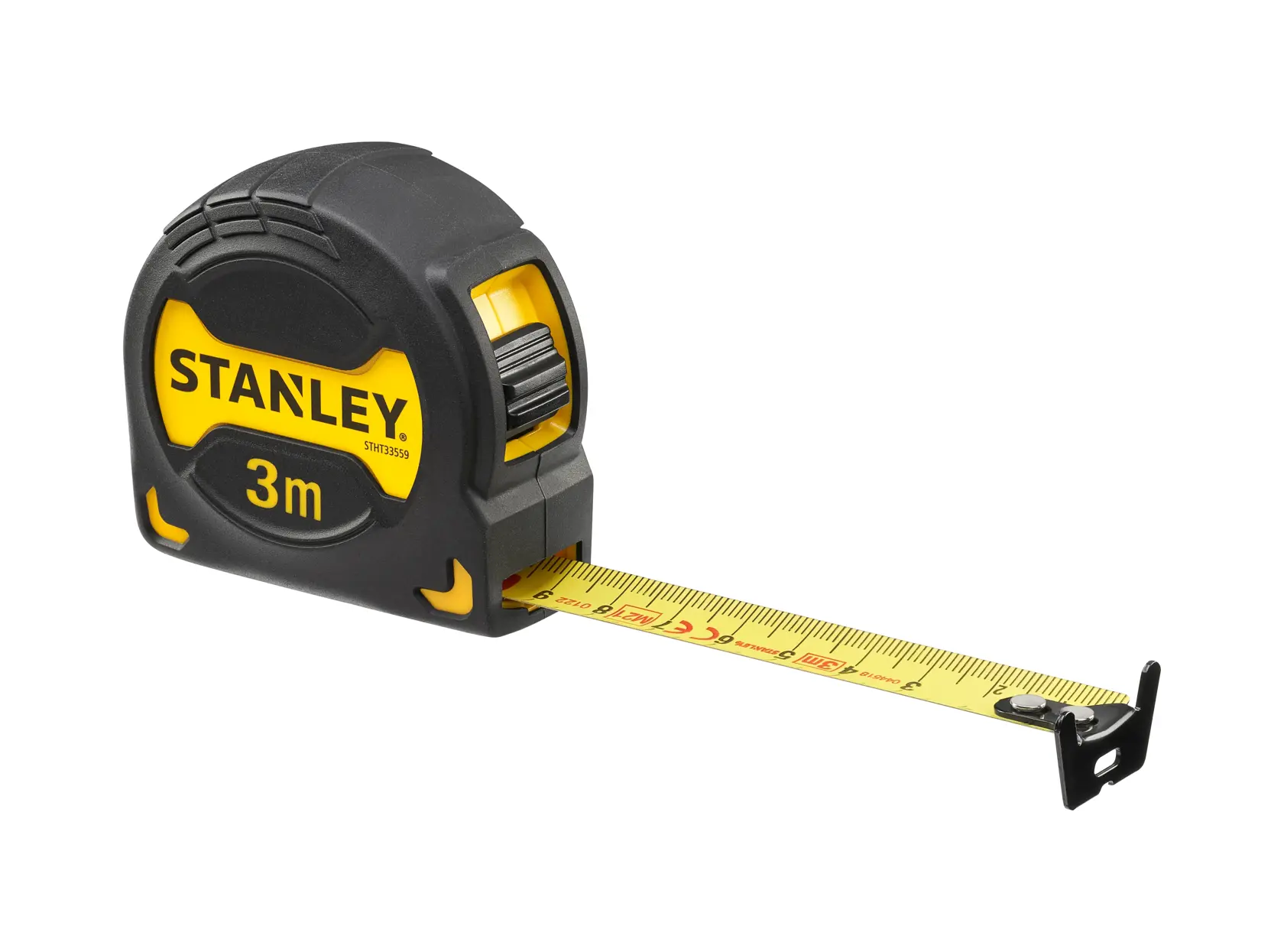 STANLEY STHT0-33559 tape measure, 3 meter, black and yellow, side angle on white background.