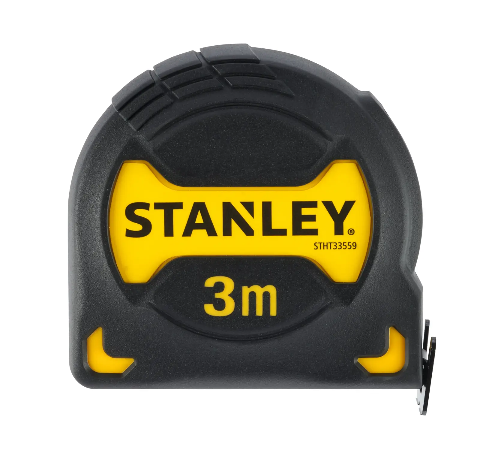 STANLEY STHT0-33559 tape measure, black and yellow, 3m, front angle on white background.