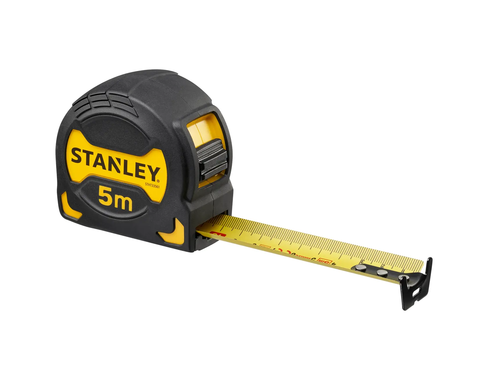 STANLEY STHT0-33561 tape measure, 5m, black and yellow, side angle photo on white background.