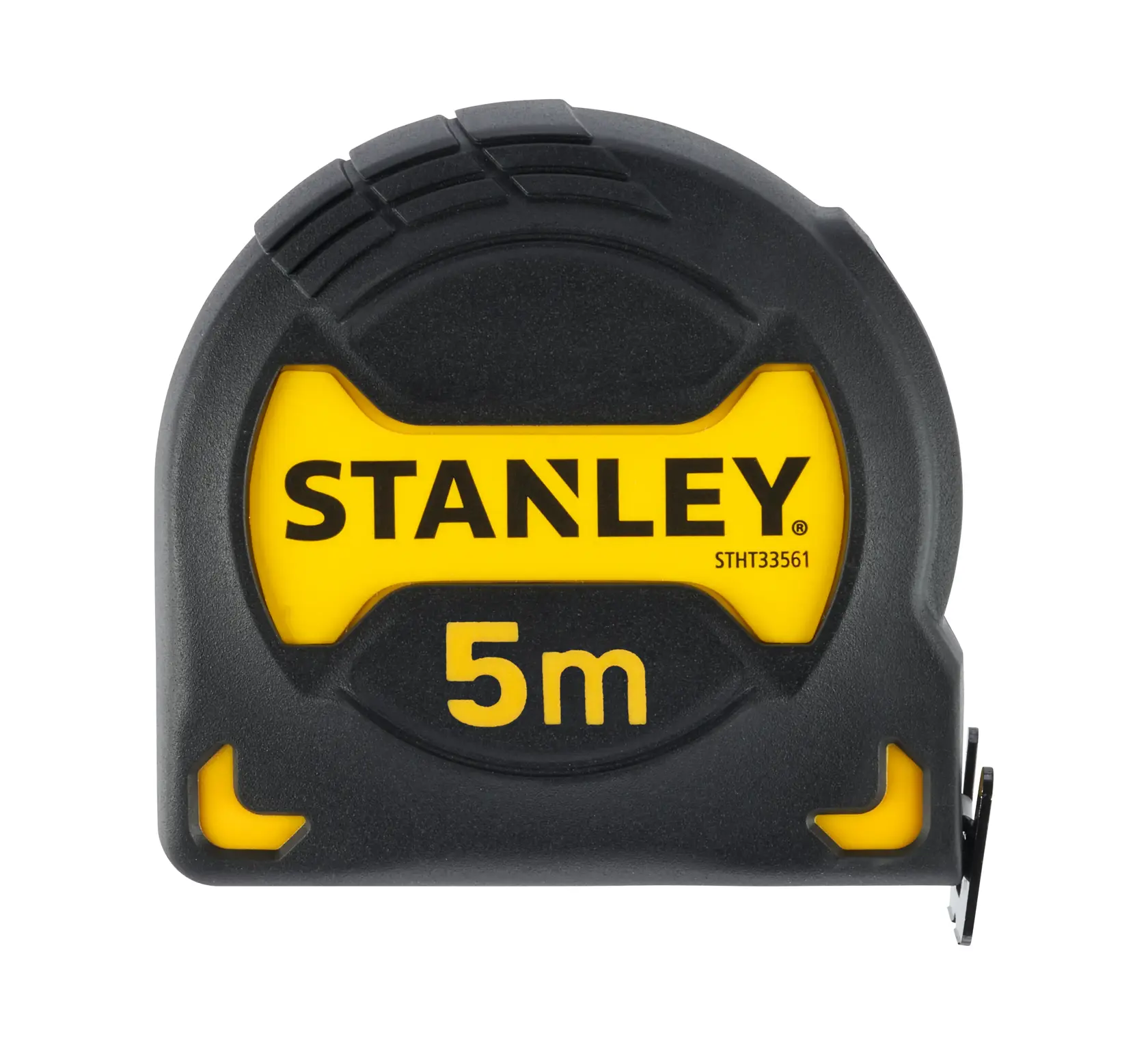 Photo of STANLEY STHT0-33561 5m tape measure, black and yellow casing, product front view.