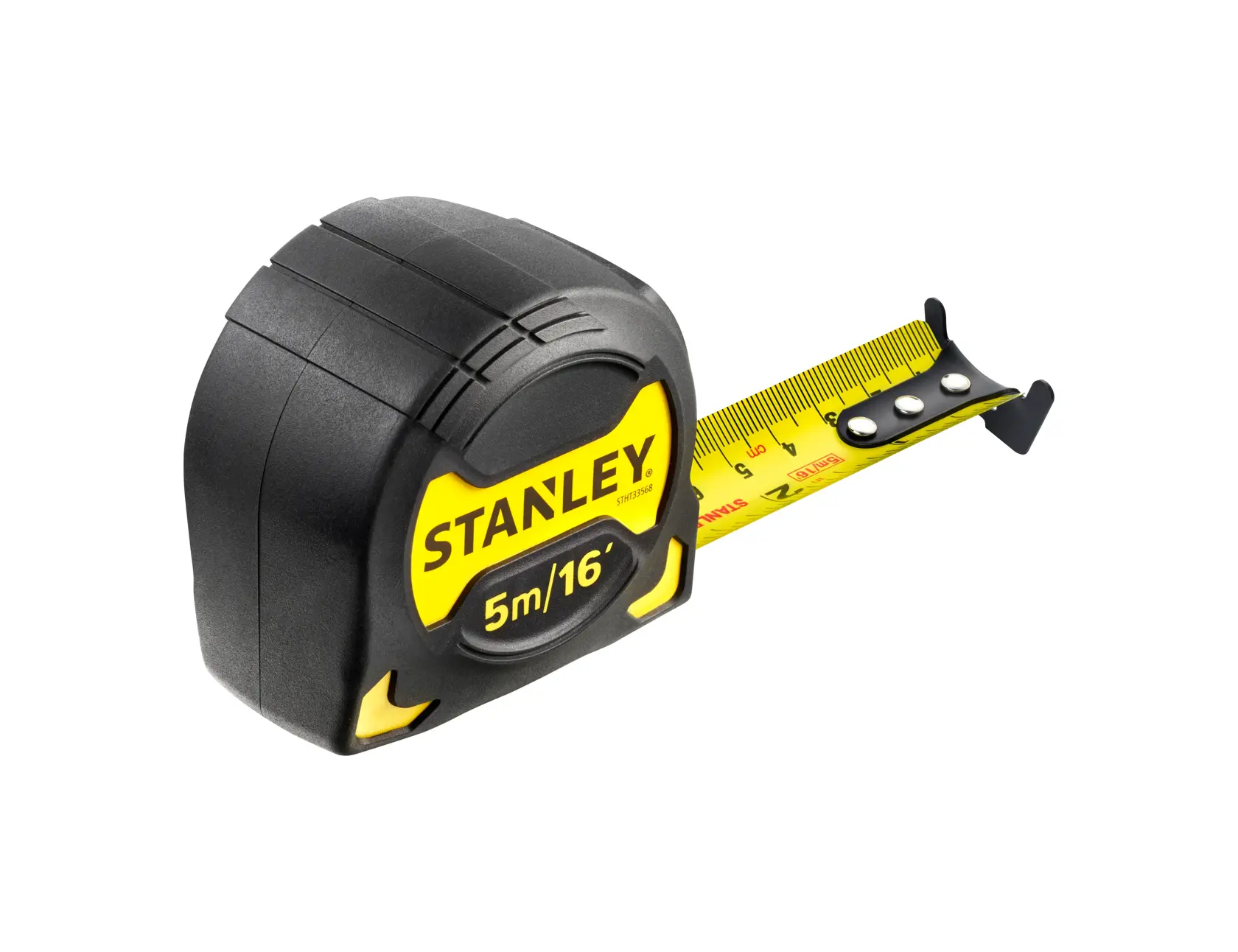 STANLEY STHT0-33568 tape measure, black and yellow, front angle, extended blade, product photo.
