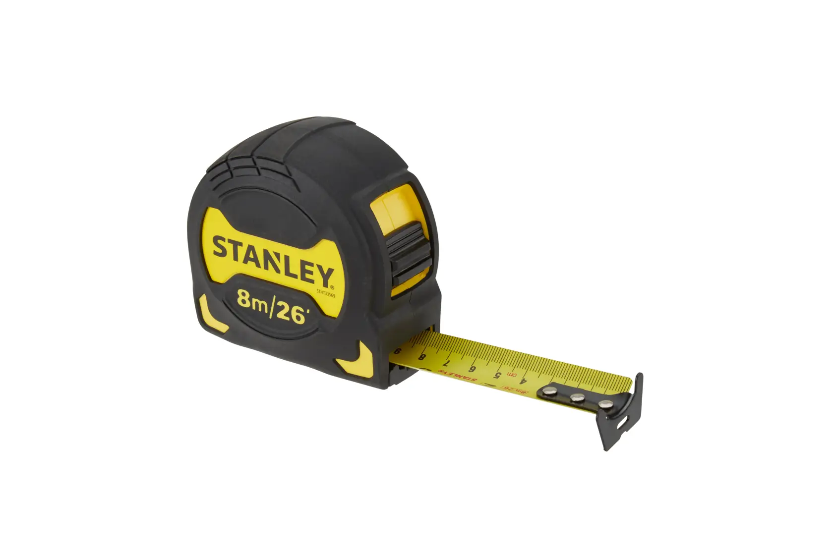 Stanley 8m/26ft yellow and black tape measure with extended measuring tape.