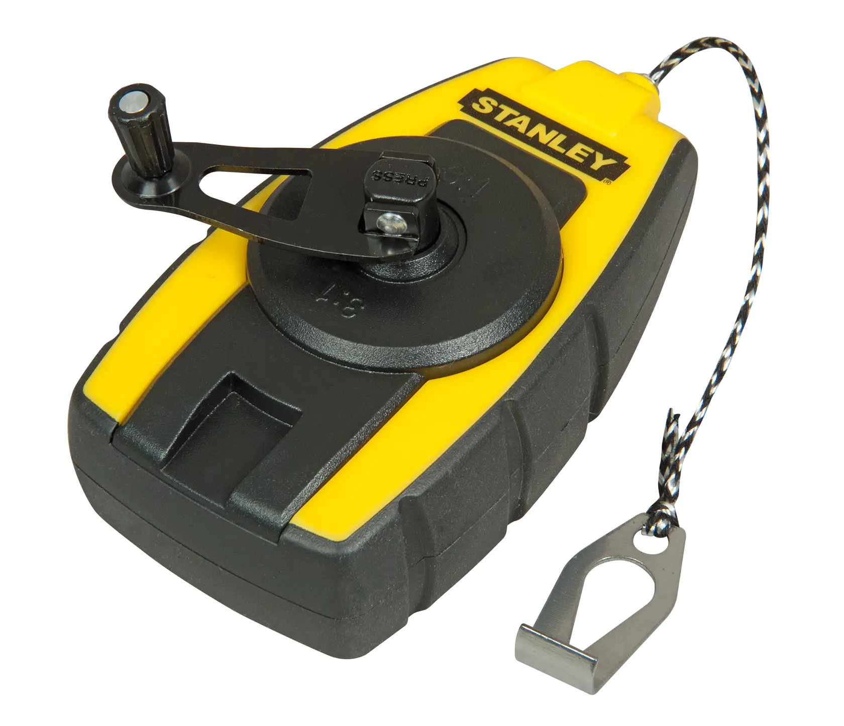 Stanley chalk reel STHT0-47147, yellow and black, front angle on white background, tool category.