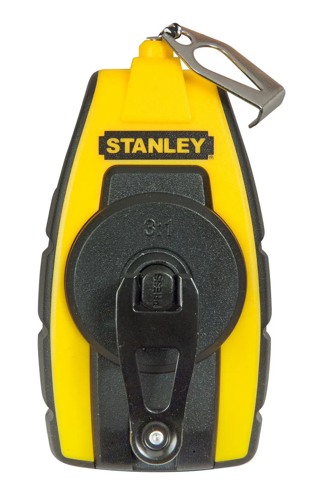 Photo of STANLEY STHT0-47147 chalk line reel, yellow and black body, front view on white background.