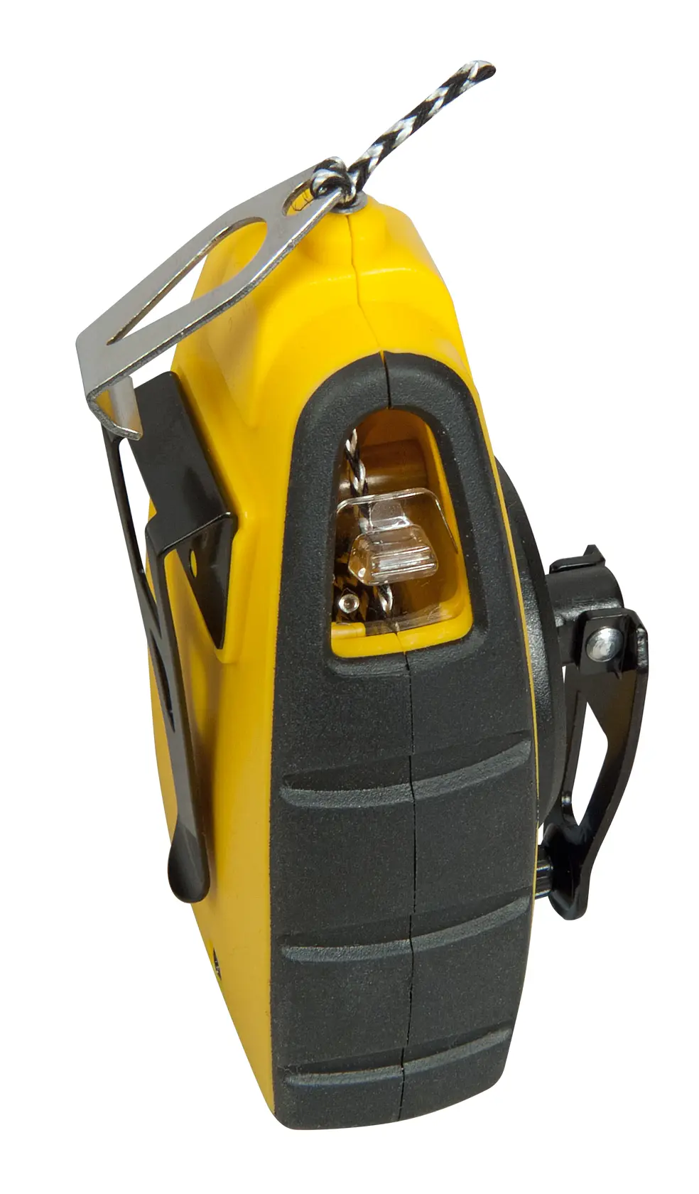 STANLEY STHT0-47147 chalk line reel, yellow and black, angled side view on white background.