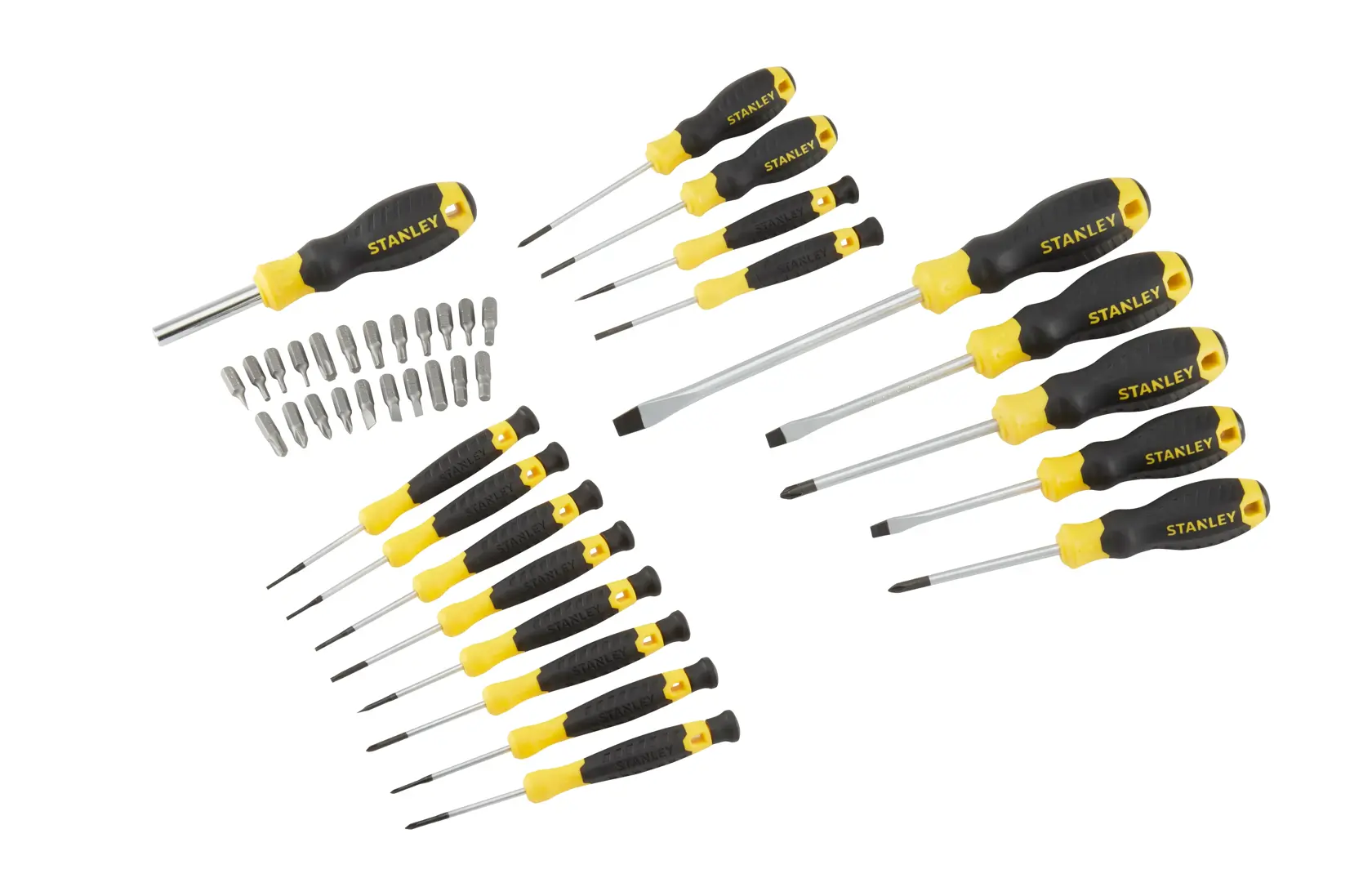 STANLEY STHT0-62144 screwdriver set with black and yellow handles, multiple screwdriver sizes, and assorted bits, top view.
