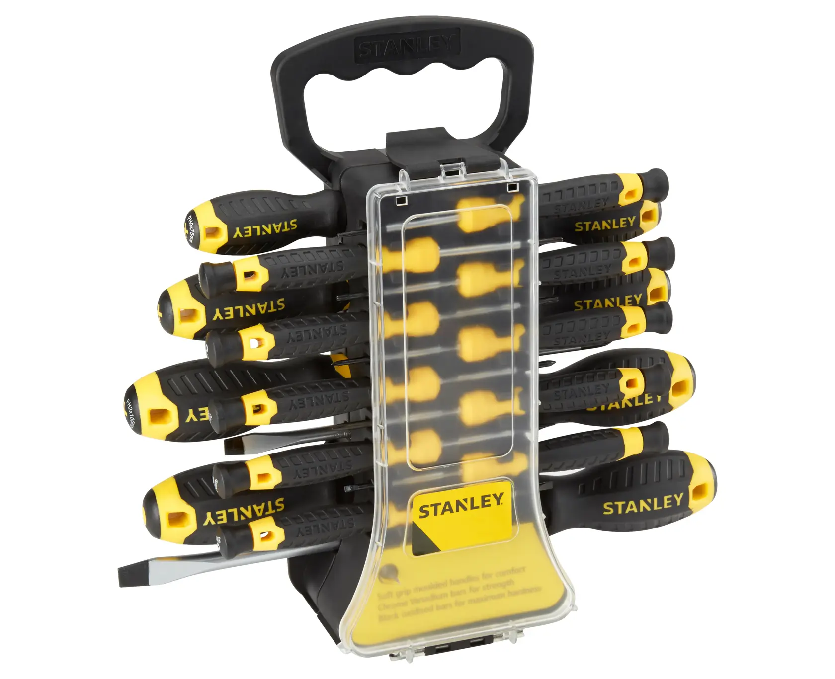 Stanley screwdriver set with black and yellow handles in a plastic storage case with a carry handle.